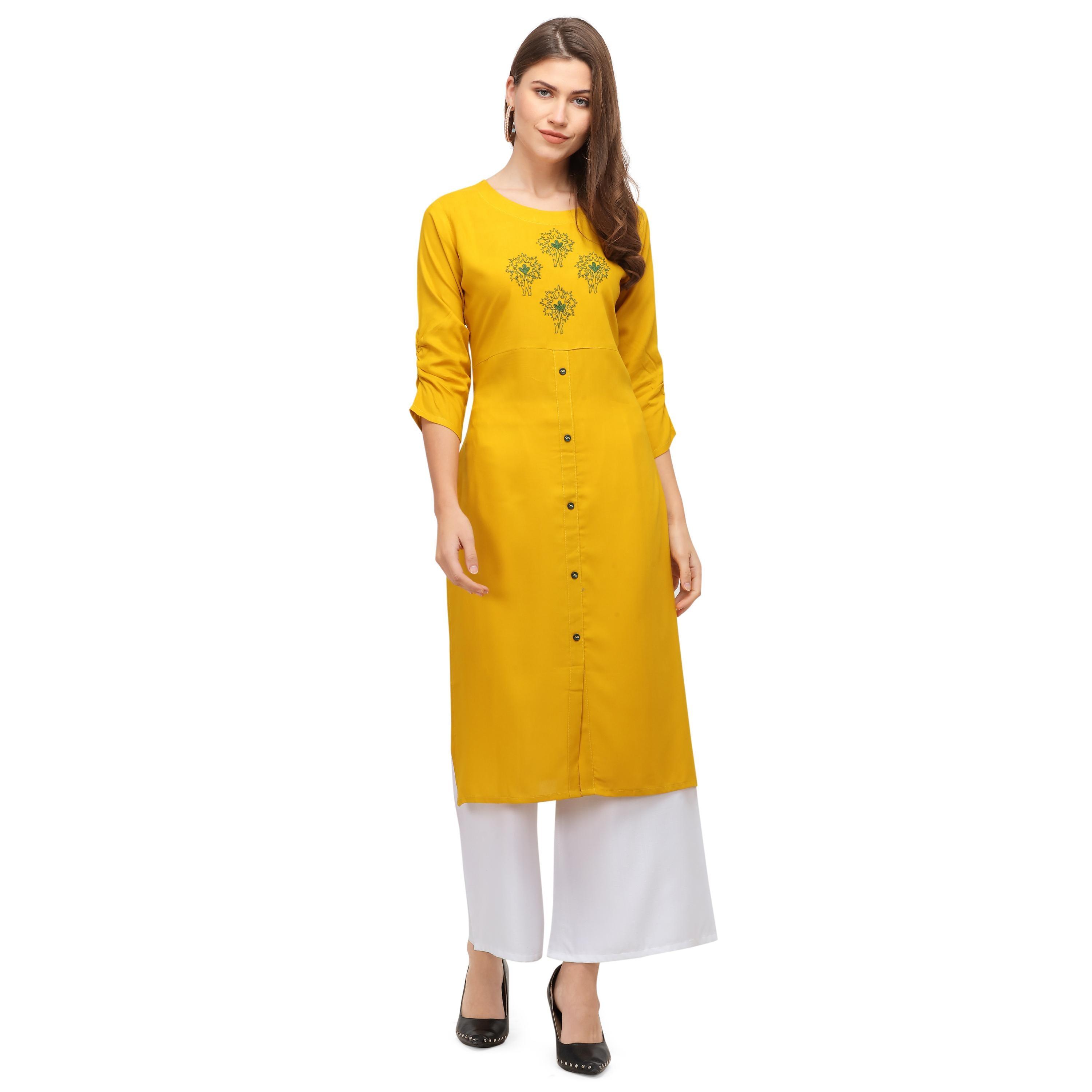 Exotic Yellow Colored Casual Wear Embroidered Rayon Kurti With Palazzo - Peachmode