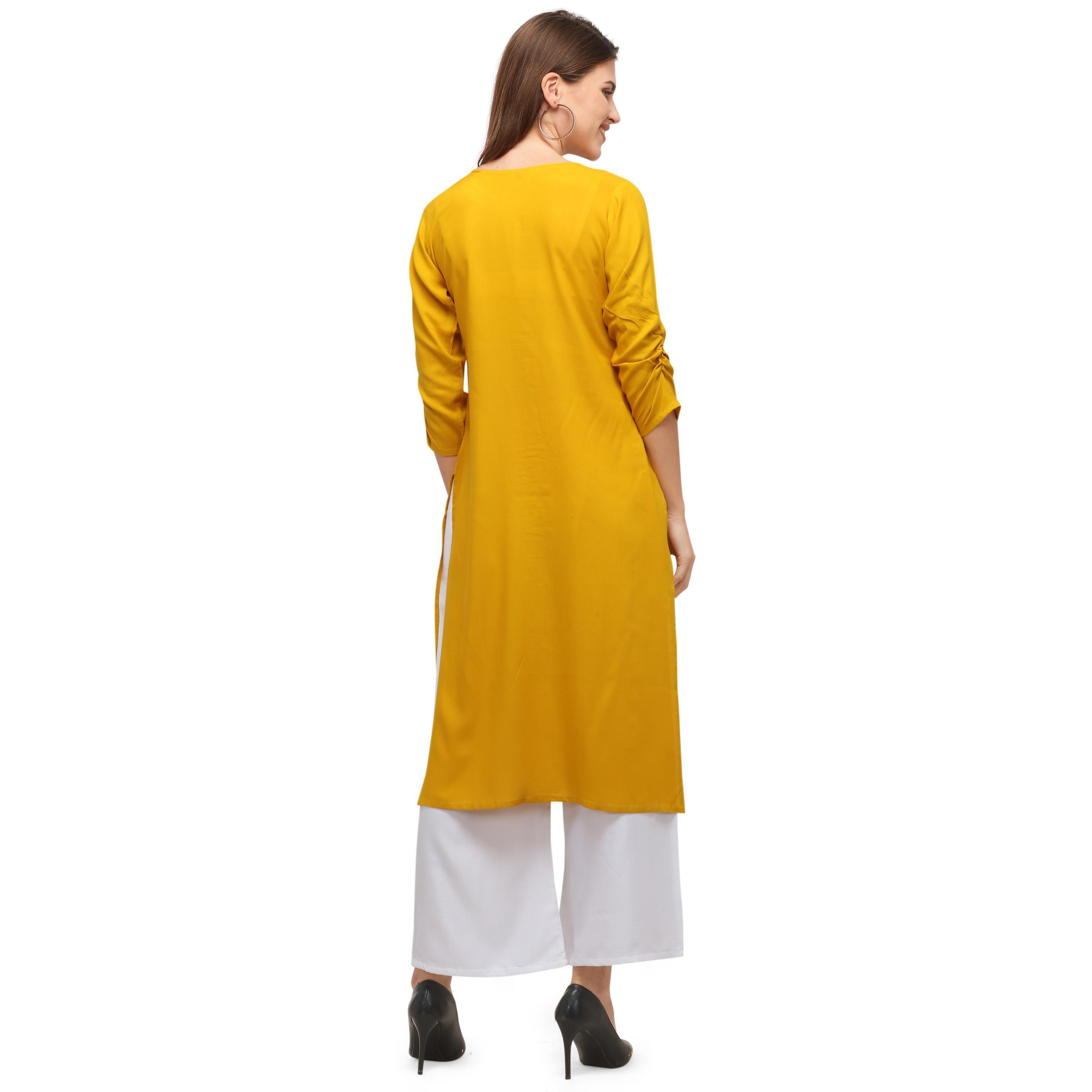 Exotic Yellow Colored Casual Wear Embroidered Rayon Kurti With Palazzo - Peachmode