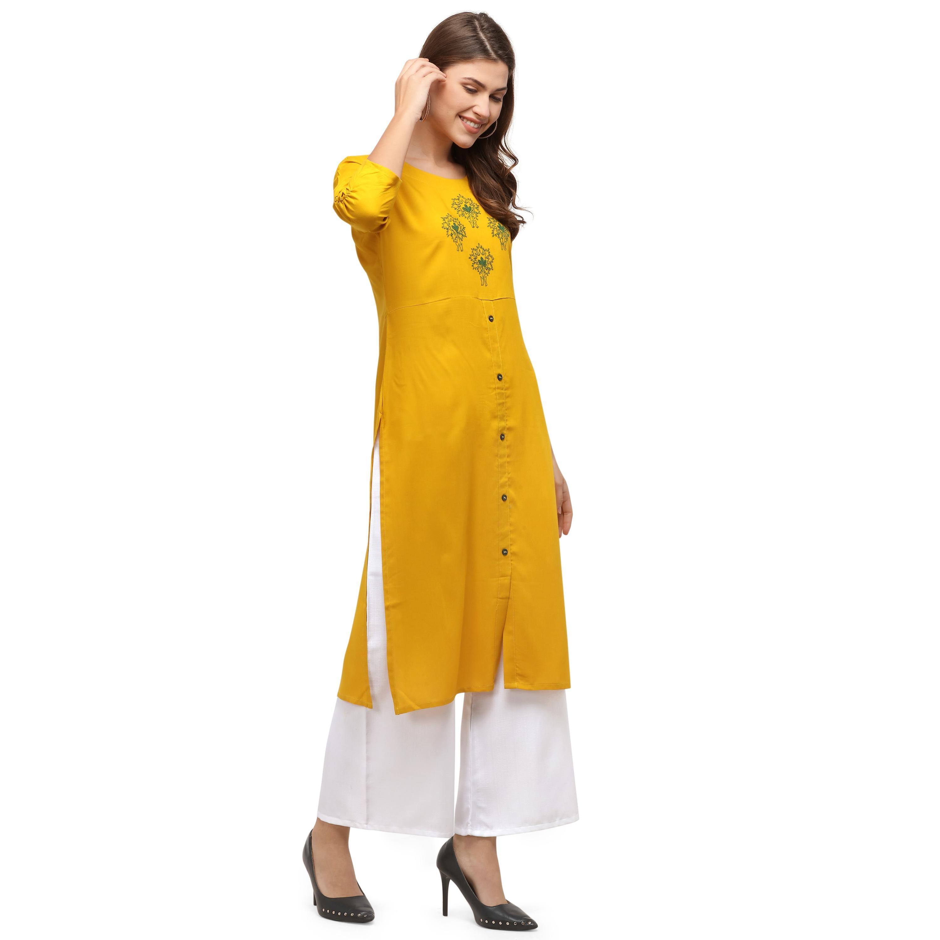 Exotic Yellow Colored Casual Wear Embroidered Rayon Kurti With Palazzo - Peachmode