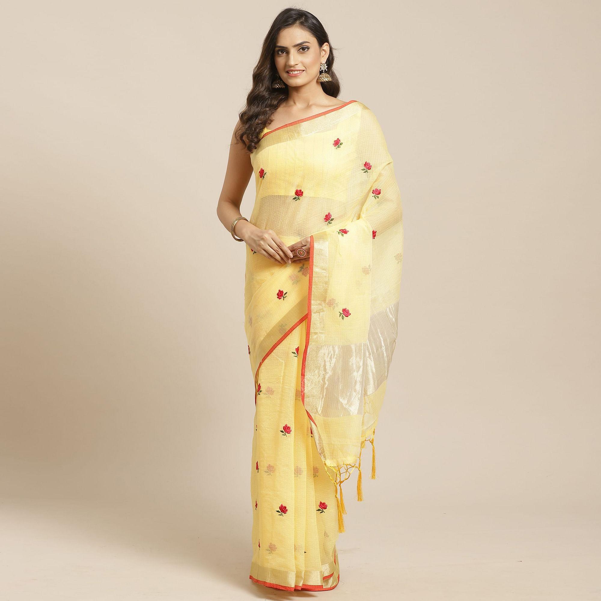 Exotic Yellow Colored Casual Wear Floral Embroidered Silk Saree With Tassels - Peachmode