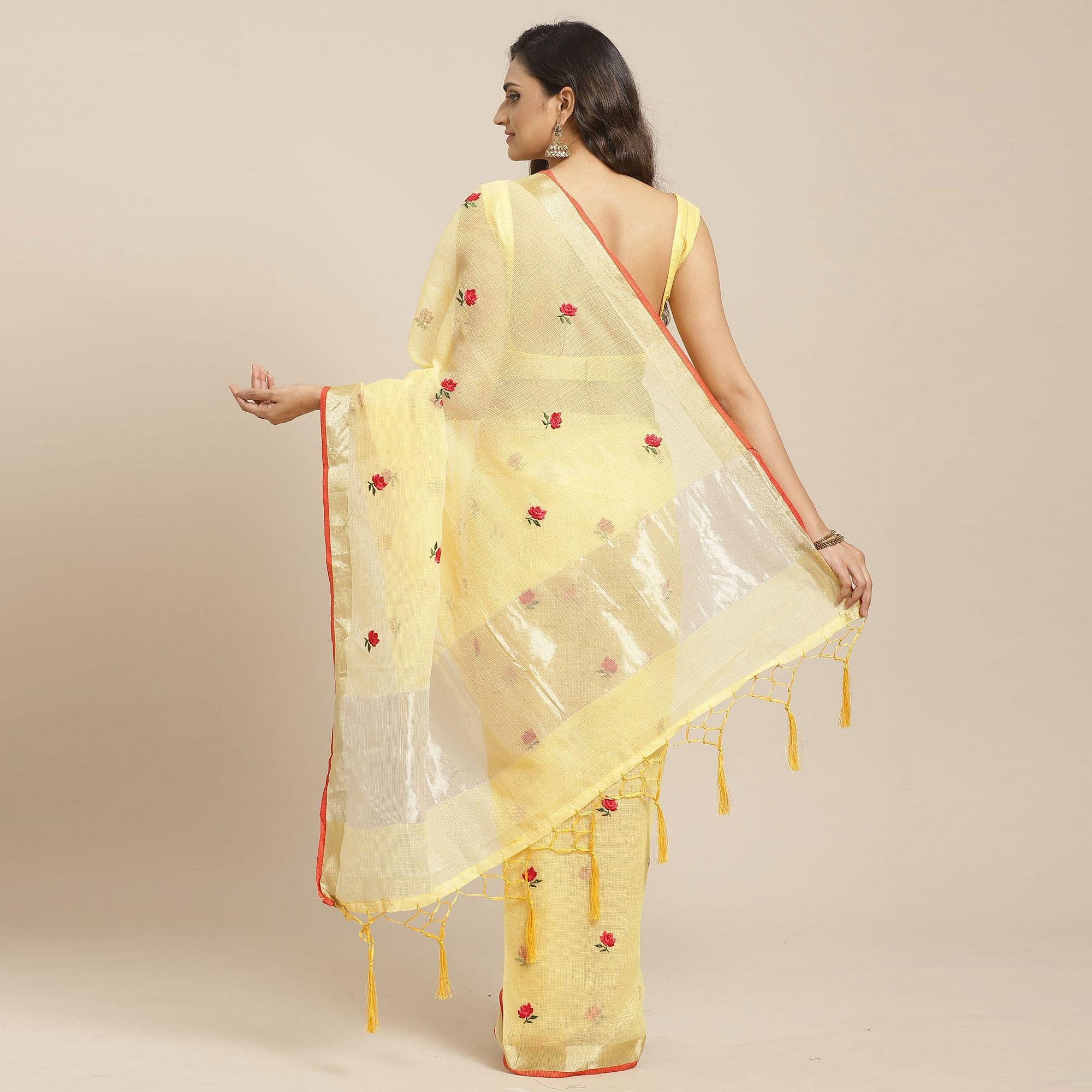 Exotic Yellow Colored Casual Wear Floral Embroidered Silk Saree With Tassels - Peachmode