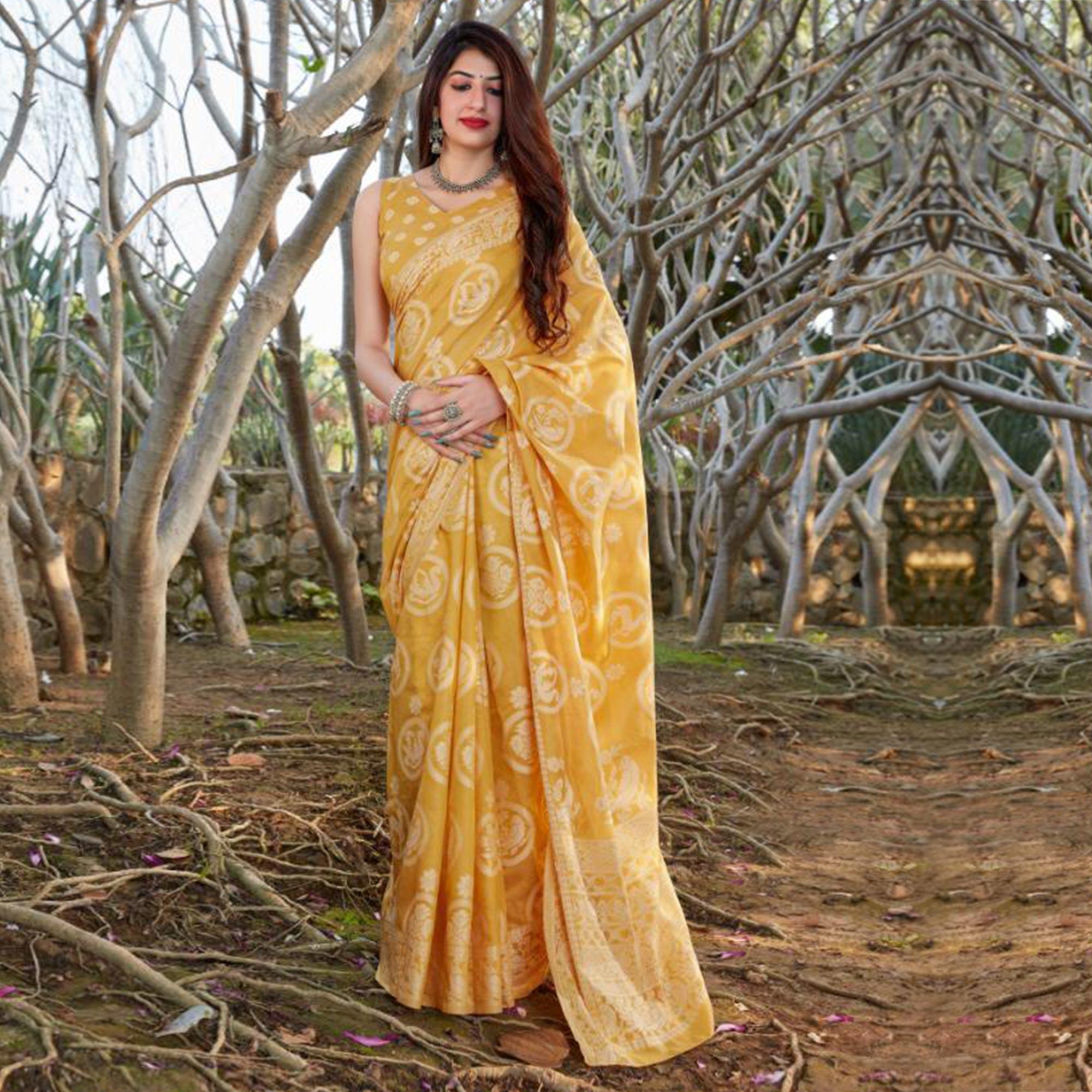 Exotic yellow Coloured Casual Wear Printed Lakhnavi Cotton Silk - Peachmode
