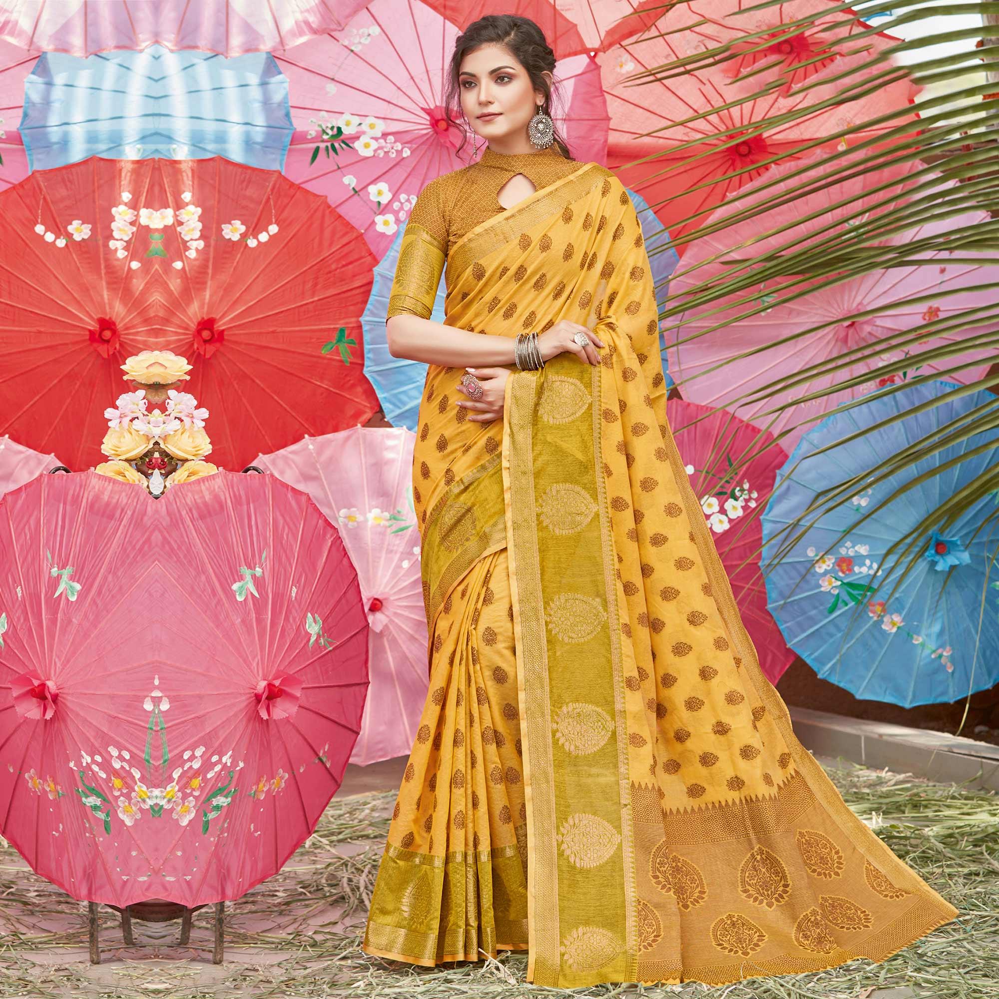 Exotic Yellow Coloured Festive Wear Woven Cotton Handloom Saree - Peachmode