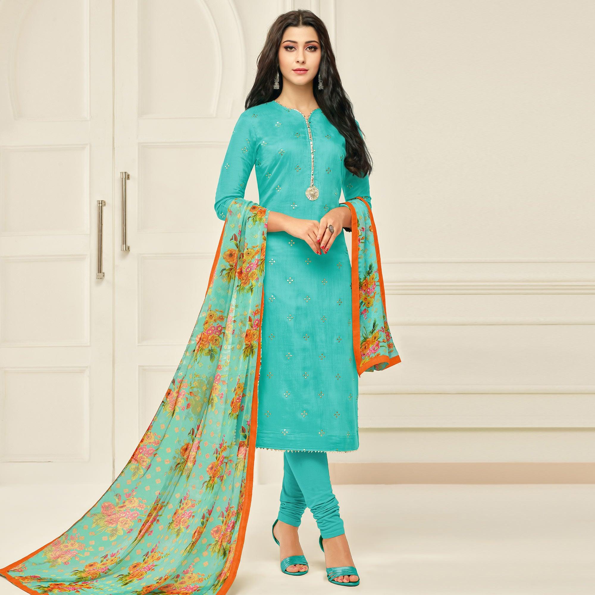 Eye-catching Aqua Blue Colored Casual Wear Embroidered Chanderi Dress Material - Peachmode