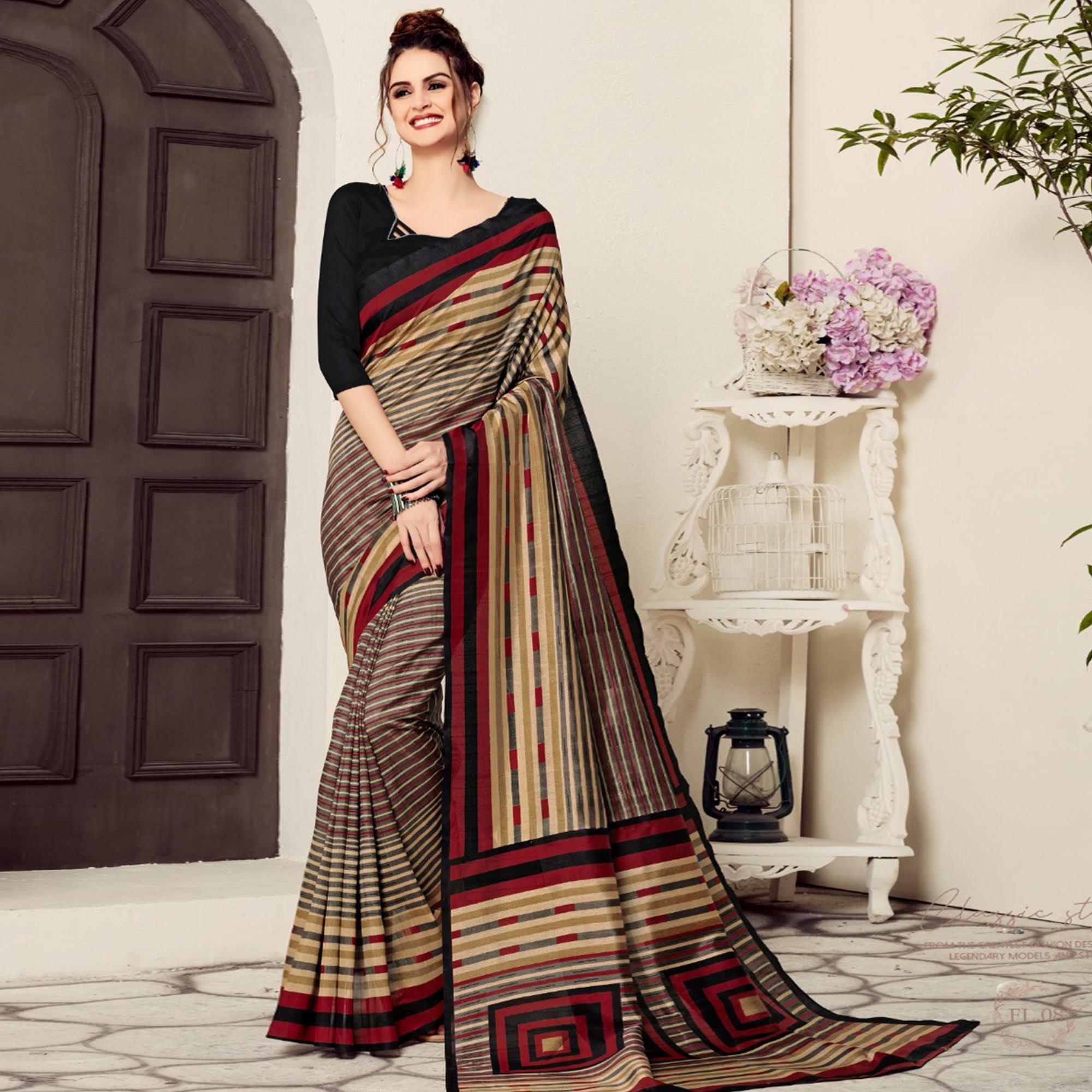 Eye-catching Beige-Black Colored Casual Printed Bhagalpuri Silk Saree - Peachmode