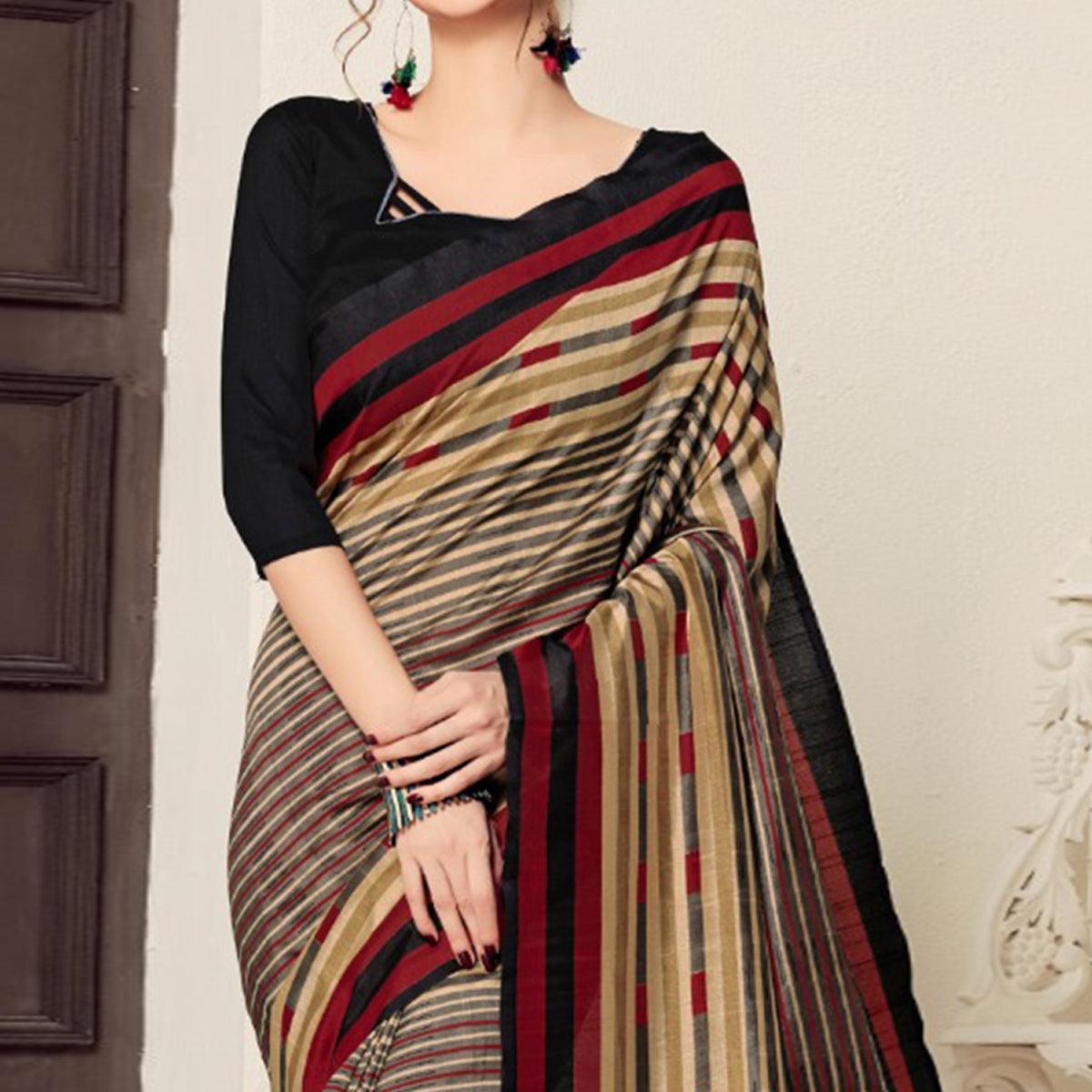 Eye-catching Beige-Black Colored Casual Printed Bhagalpuri Silk Saree - Peachmode