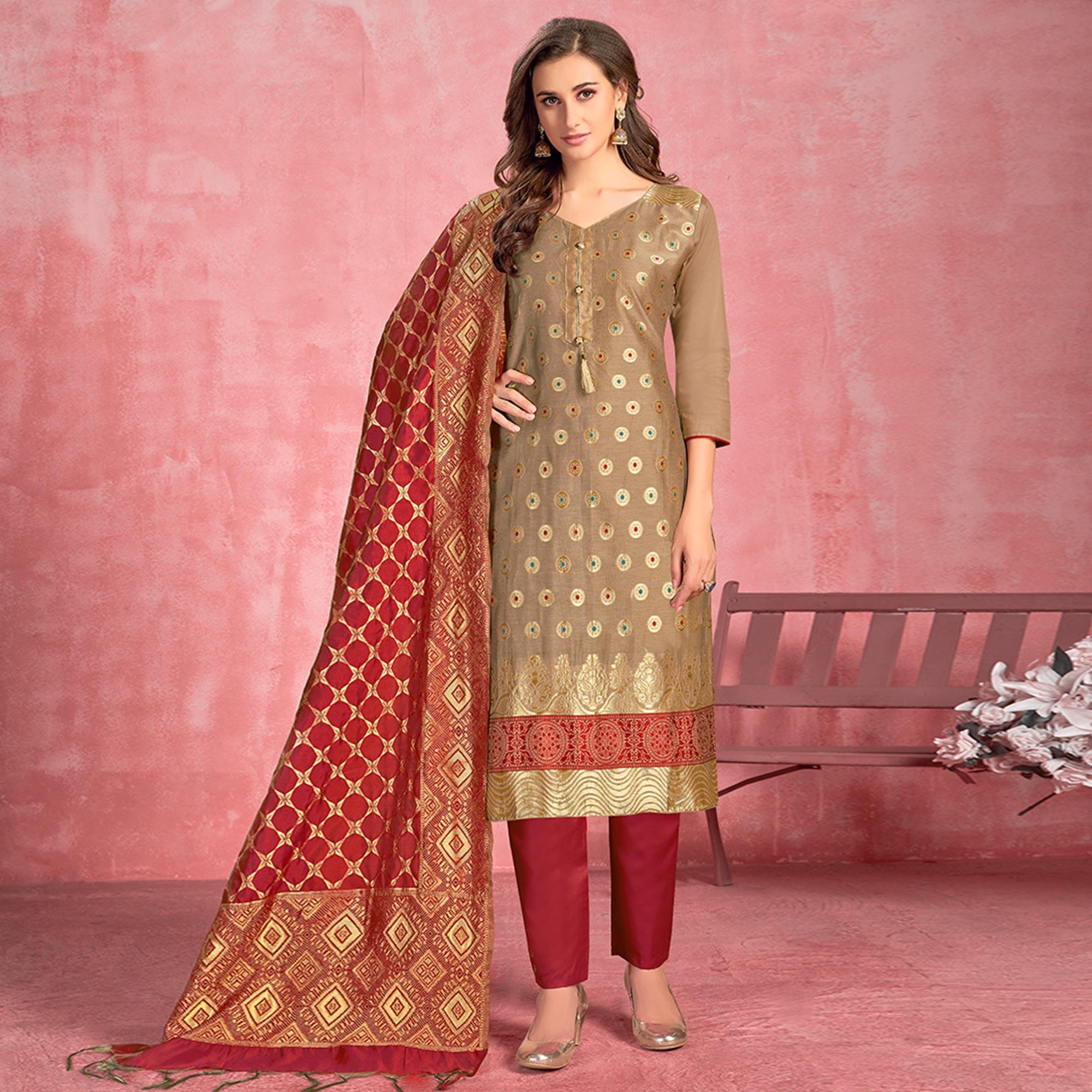 Eye-catching Beige Colored Casual Embroidered Pure Cotton Dress Material - Peachmode