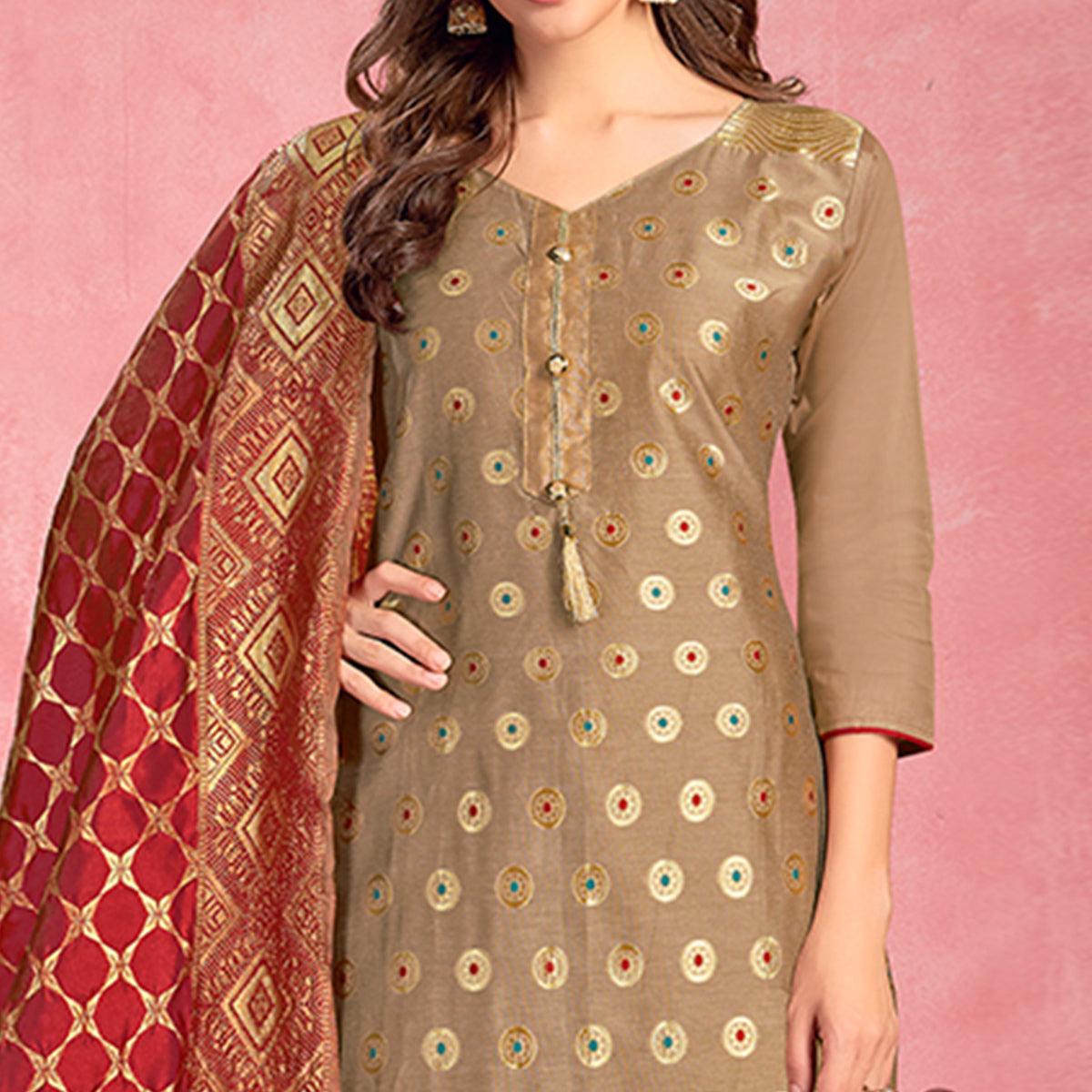 Eye-catching Beige Colored Casual Embroidered Pure Cotton Dress Material - Peachmode