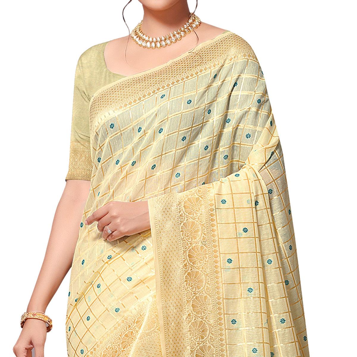 Eye-catching Beige Colored Festive Wear Woven Cotton-Art Silk Saree - Peachmode