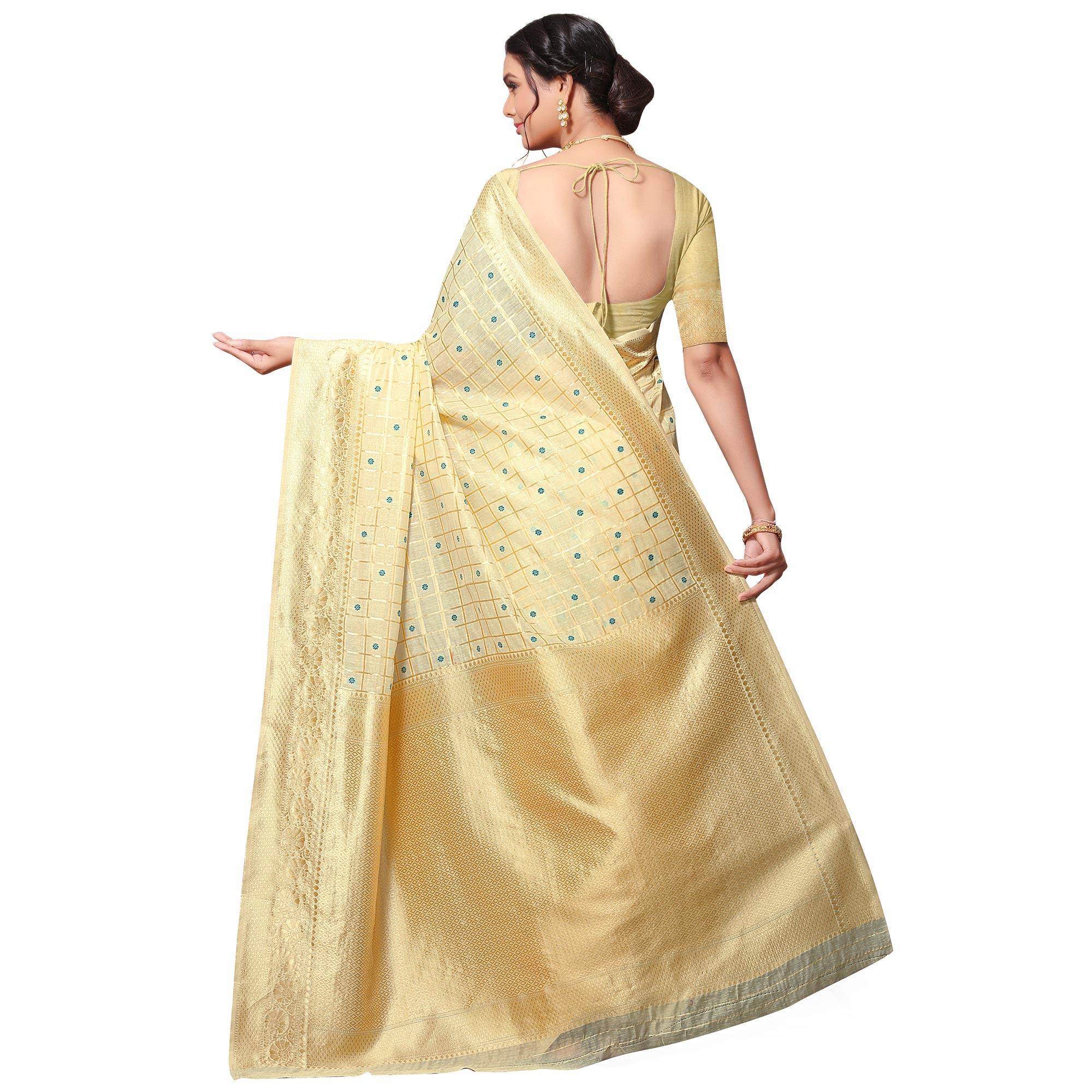 Eye-catching Beige Colored Festive Wear Woven Cotton-Art Silk Saree - Peachmode