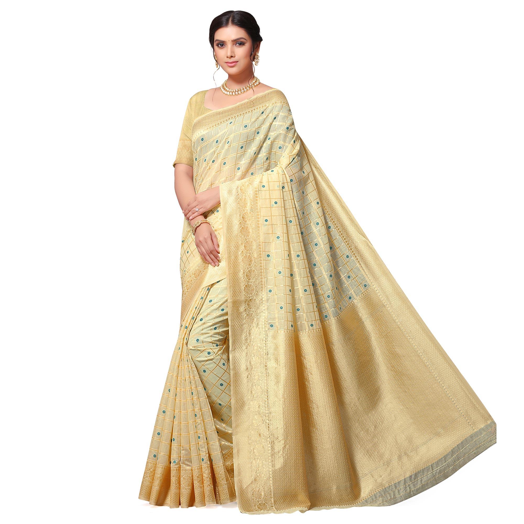 Eye-catching Beige Colored Festive Wear Woven Cotton-Art Silk Saree - Peachmode