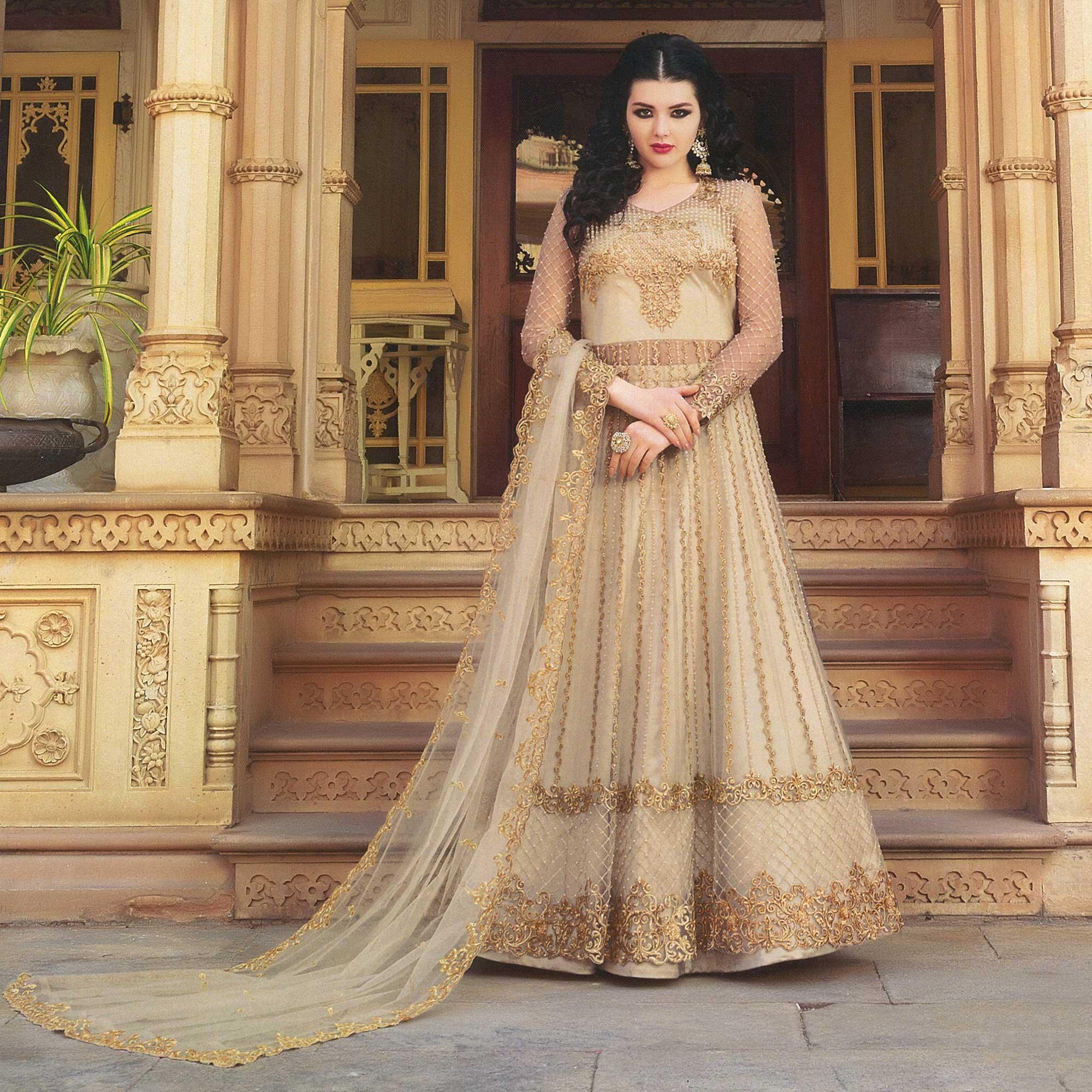 Eye-catching Beige Colored Partywear Embroidered Netted Anarkali With Dual  Bottom