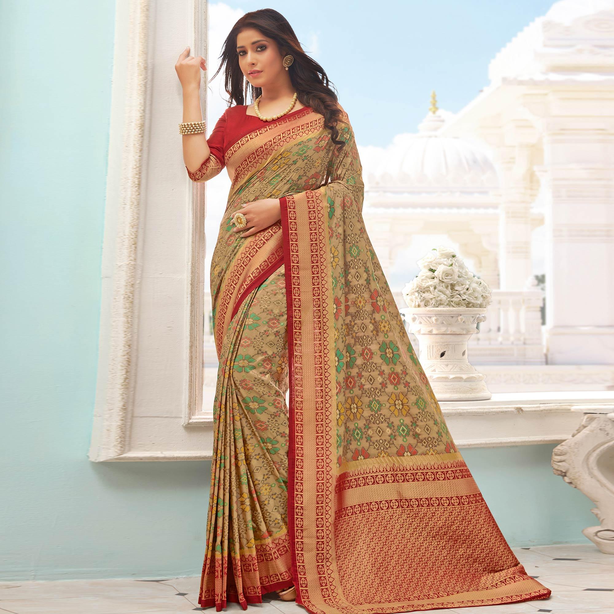 Eye-catching Beige - Red Colored Festive Wear Woven Pure Handloom Silk Saree - Peachmode