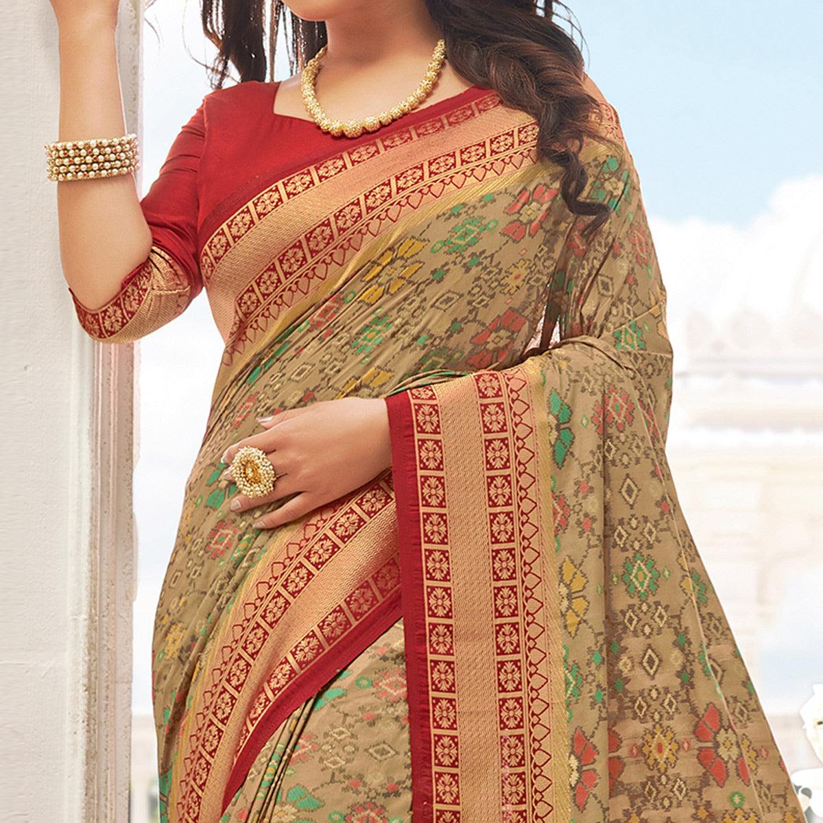 Eye-catching Beige - Red Colored Festive Wear Woven Pure Handloom Silk Saree - Peachmode