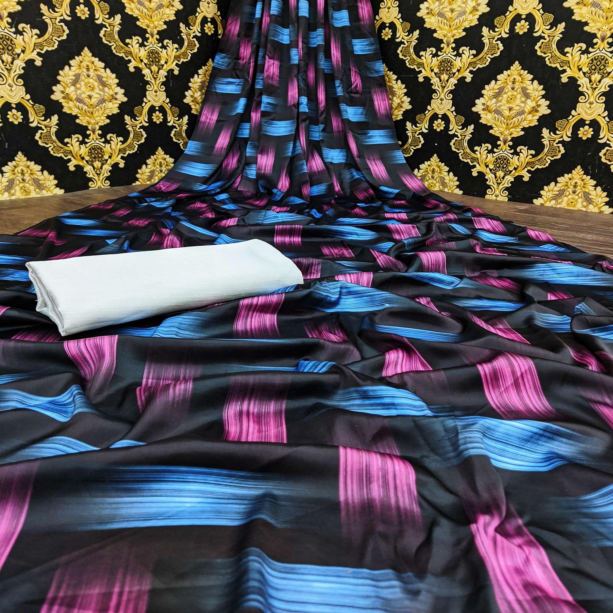 Eye-catching Black Colored Casual Wear Digital Printed Satin  Saree - Peachmode