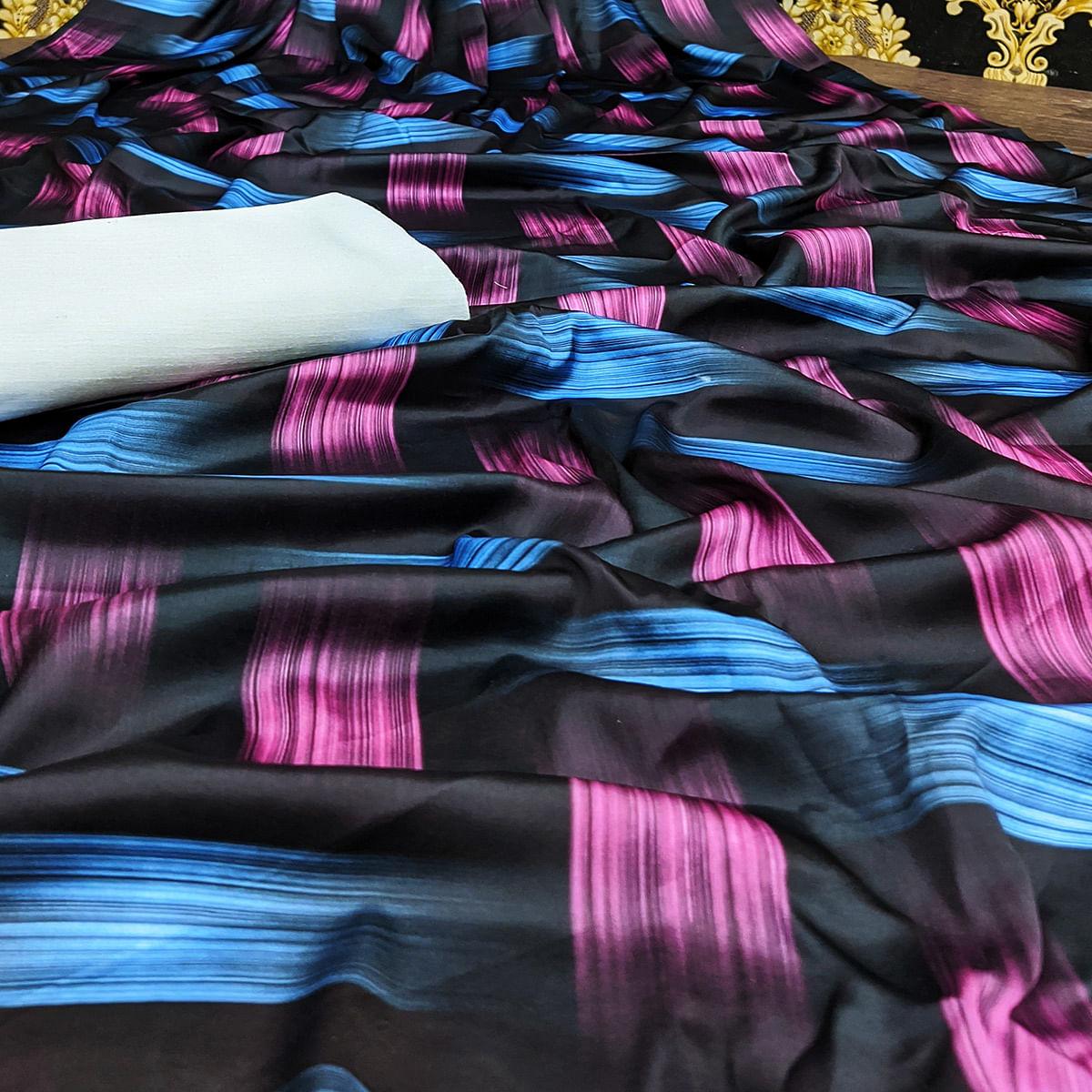 Eye-catching Black Colored Casual Wear Digital Printed Satin  Saree - Peachmode