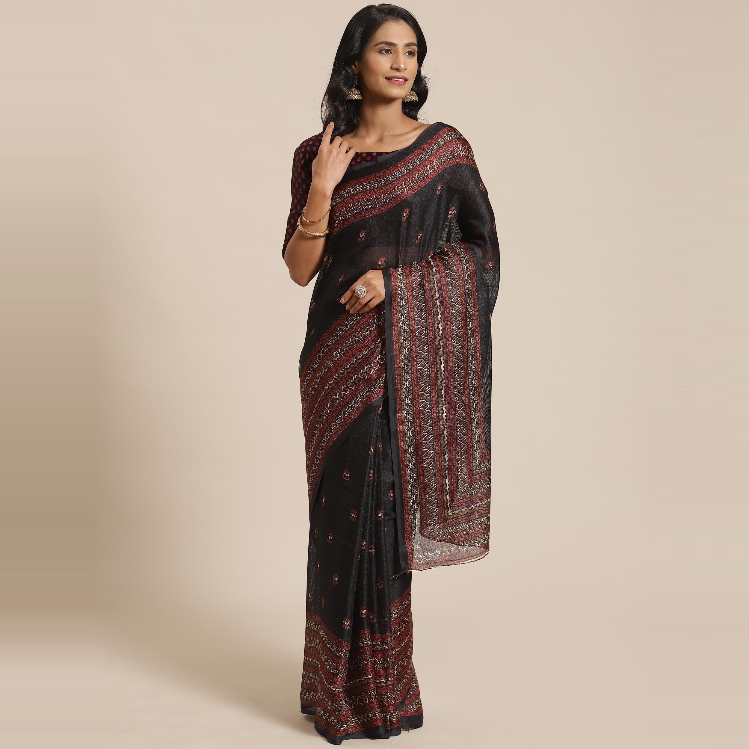 Eye-catching Black Colored Casual Wear Printed Jute Silk Saree - Peachmode