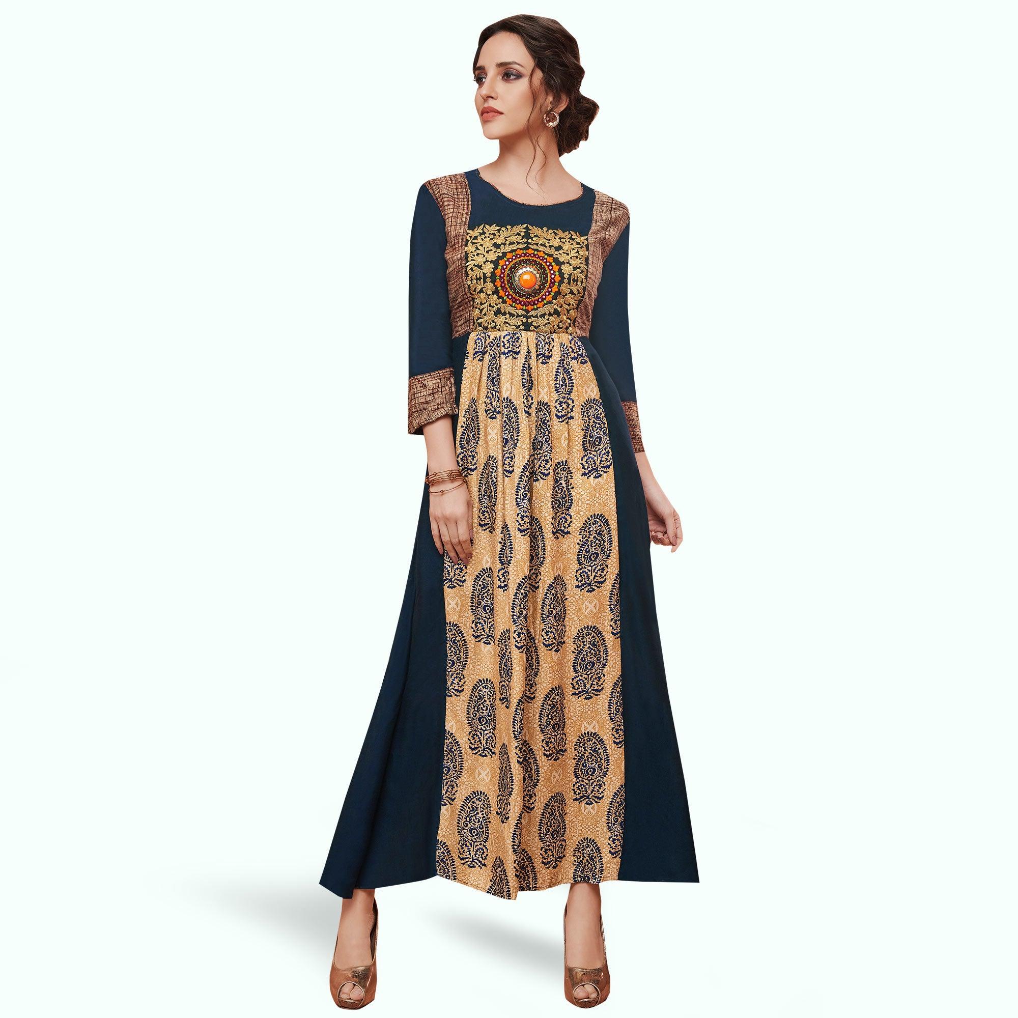 Eye-catching Blue-Beige Colored Partywear Embroidered Rayon Kurti - Peachmode