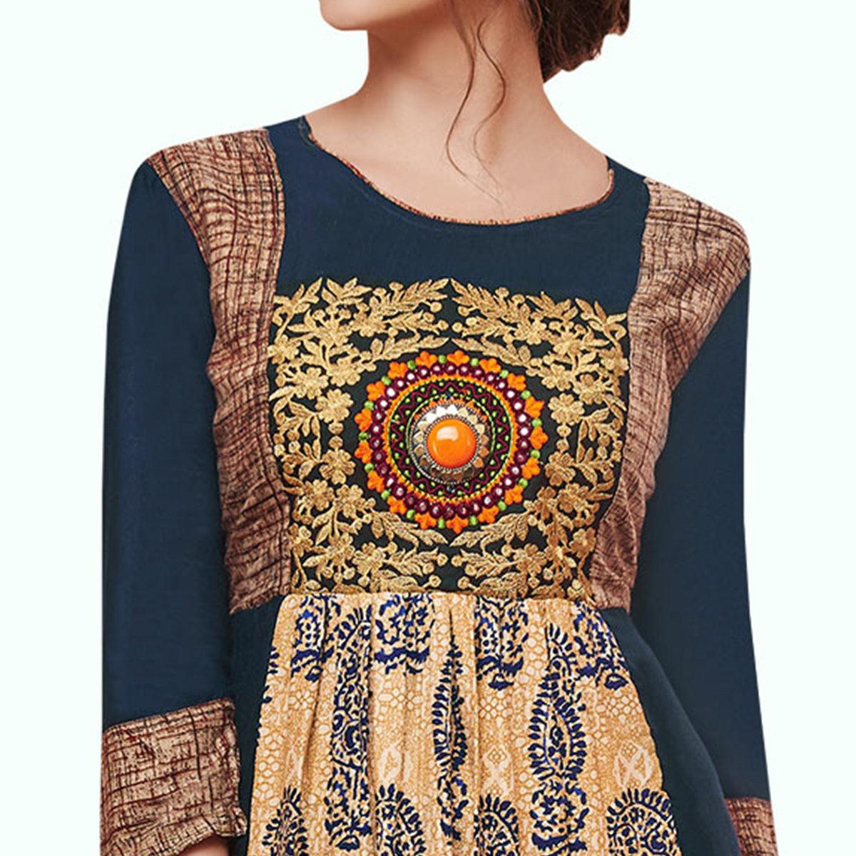 Eye-catching Blue-Beige Colored Partywear Embroidered Rayon Kurti - Peachmode