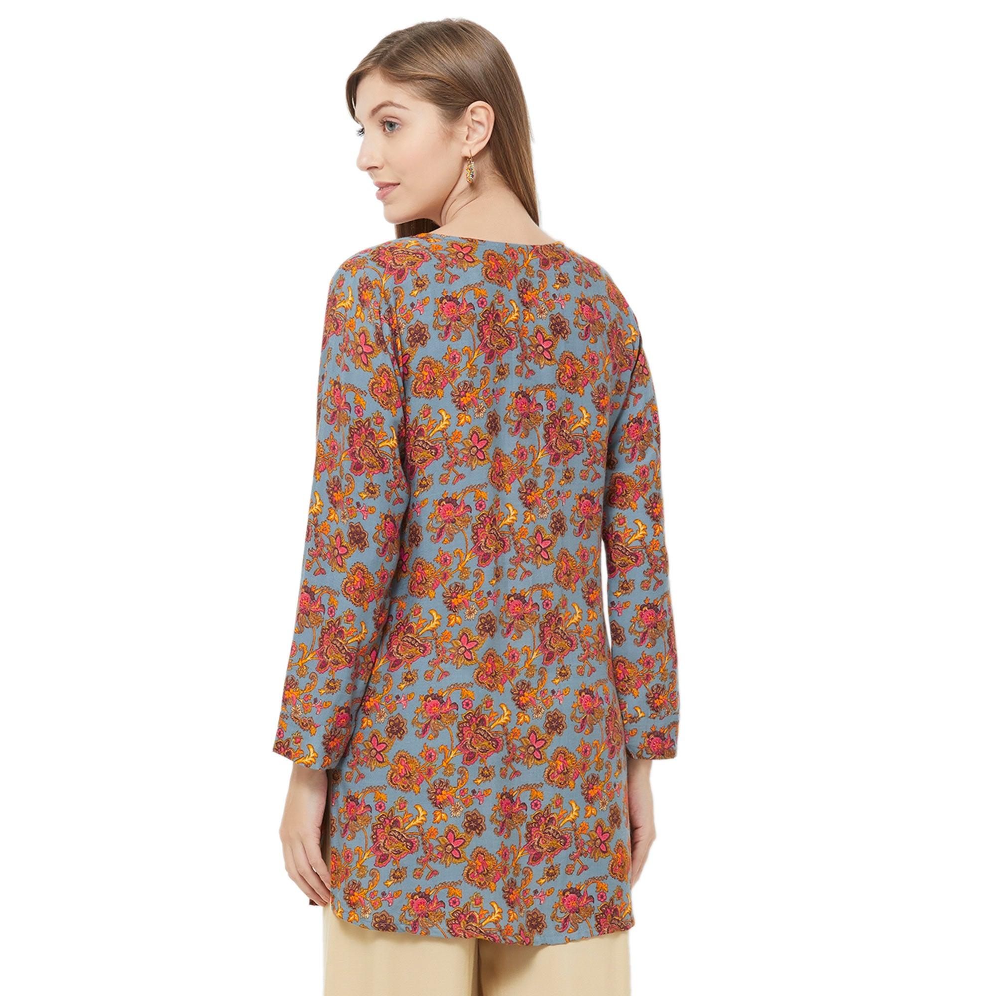 Eye-Catching Blue Colored Casual Printed Rayon Western Top - Peachmode