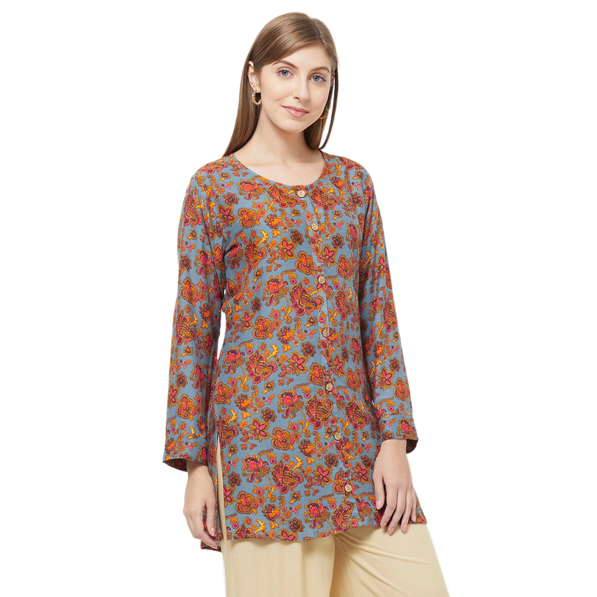 Eye-Catching Blue Colored Casual Printed Rayon Western Top - Peachmode
