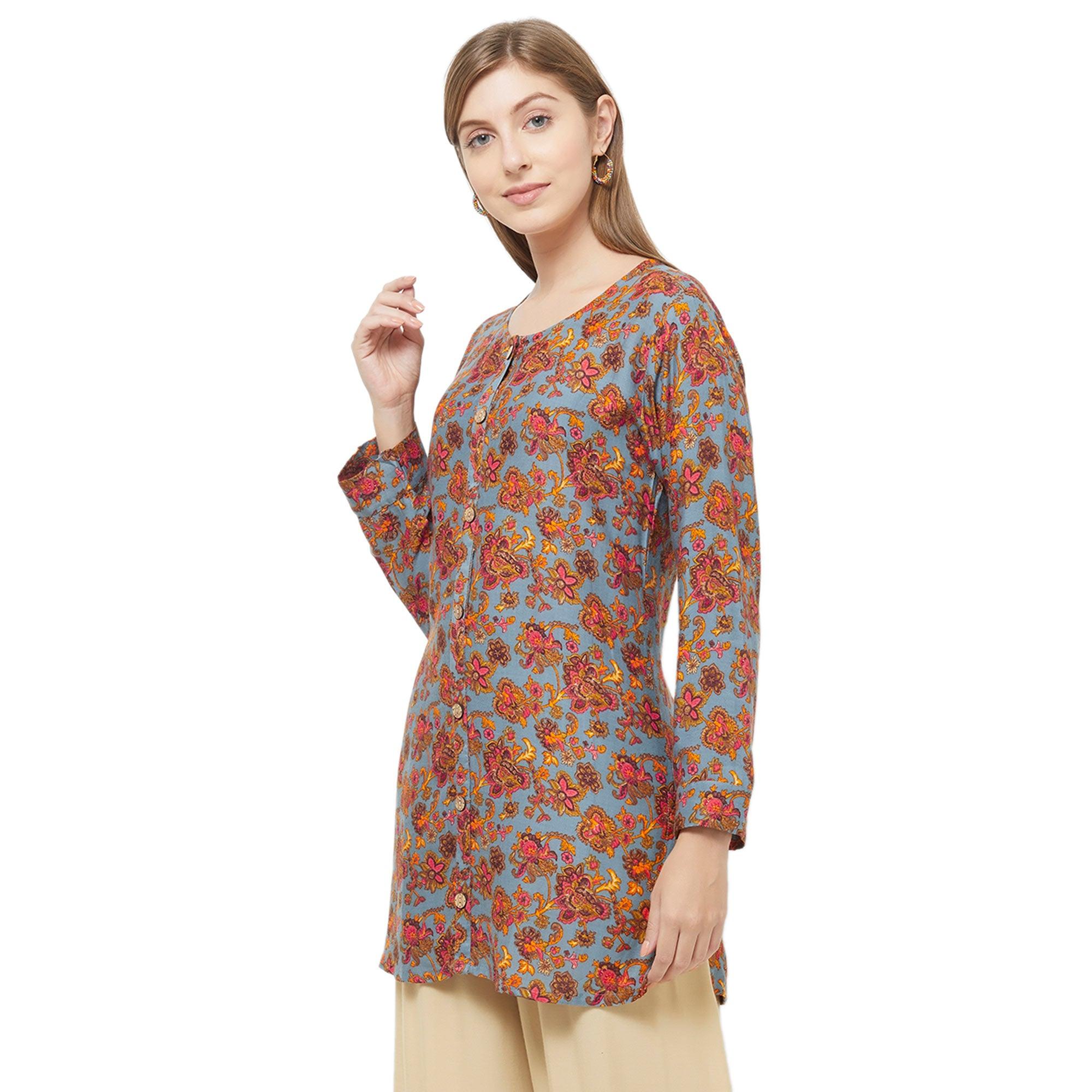 Eye-Catching Blue Colored Casual Printed Rayon Western Top - Peachmode