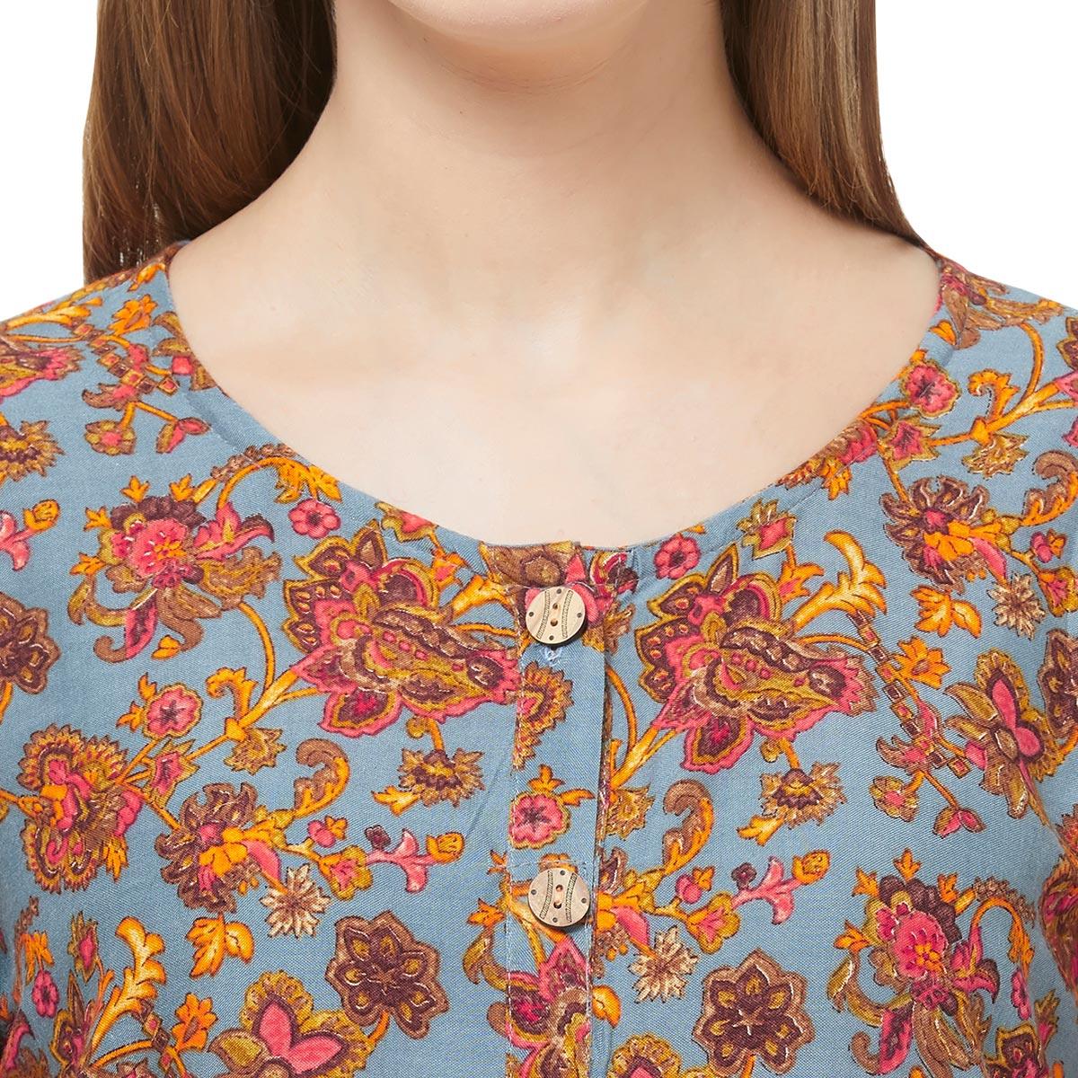Eye-Catching Blue Colored Casual Printed Rayon Western Top - Peachmode
