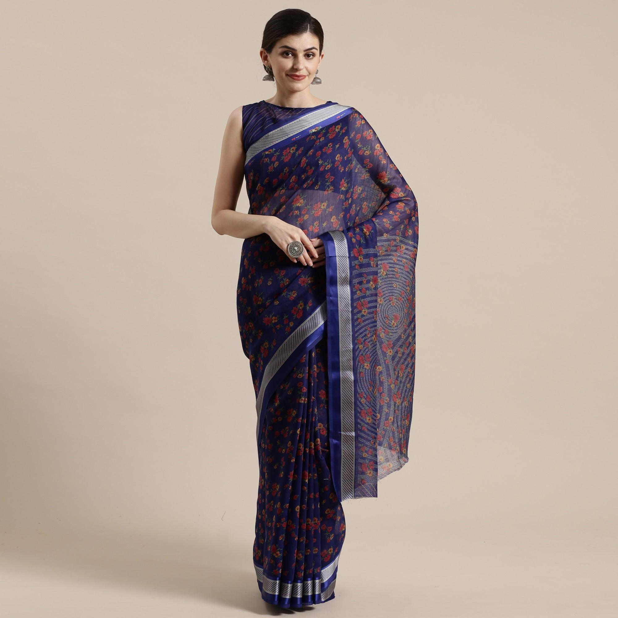 Eye-catching Blue Colored Casual Wear Floral Printed Cotton Silk Saree - Peachmode