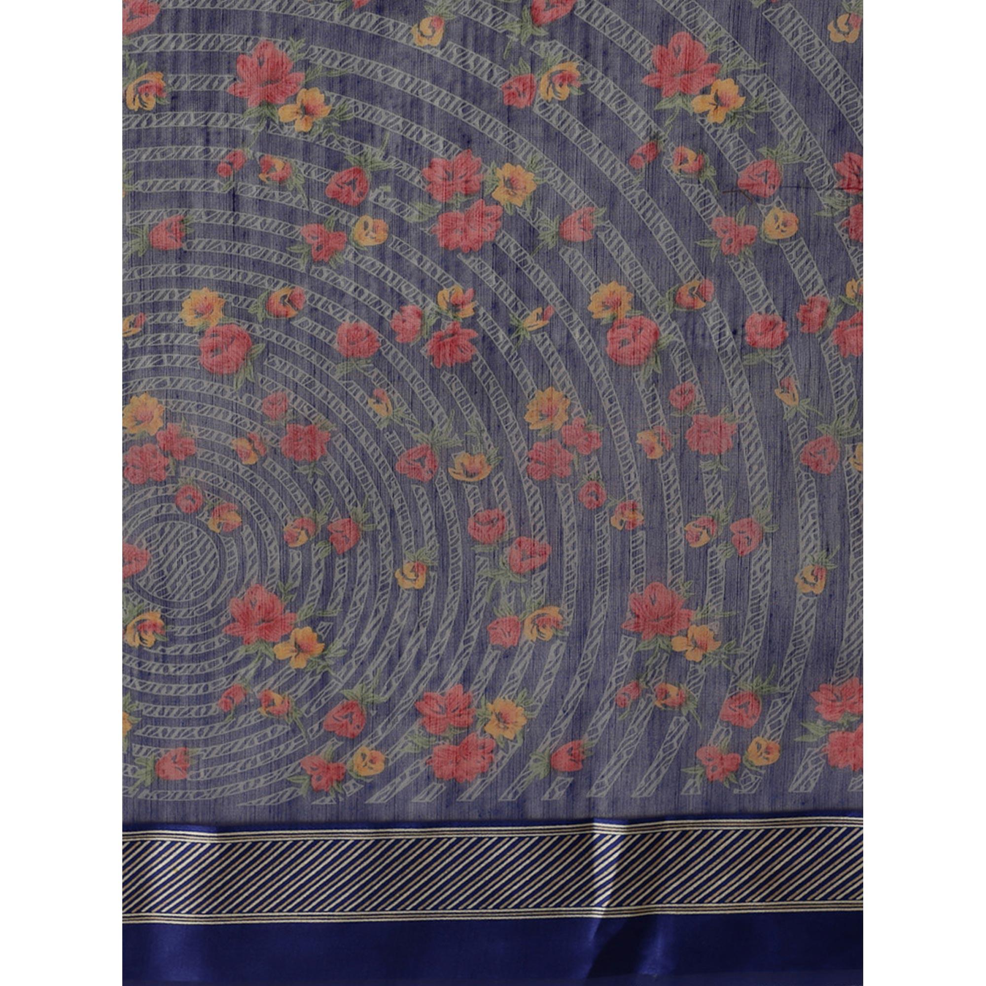 Eye-catching Blue Colored Casual Wear Floral Printed Cotton Silk Saree - Peachmode