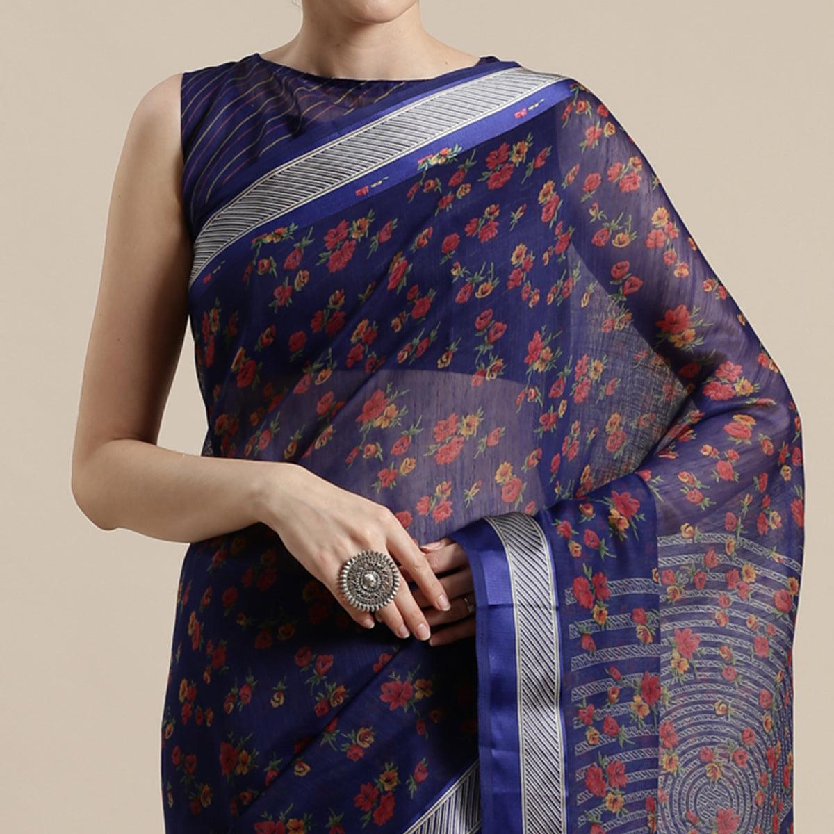 Eye-catching Blue Colored Casual Wear Floral Printed Cotton Silk Saree - Peachmode
