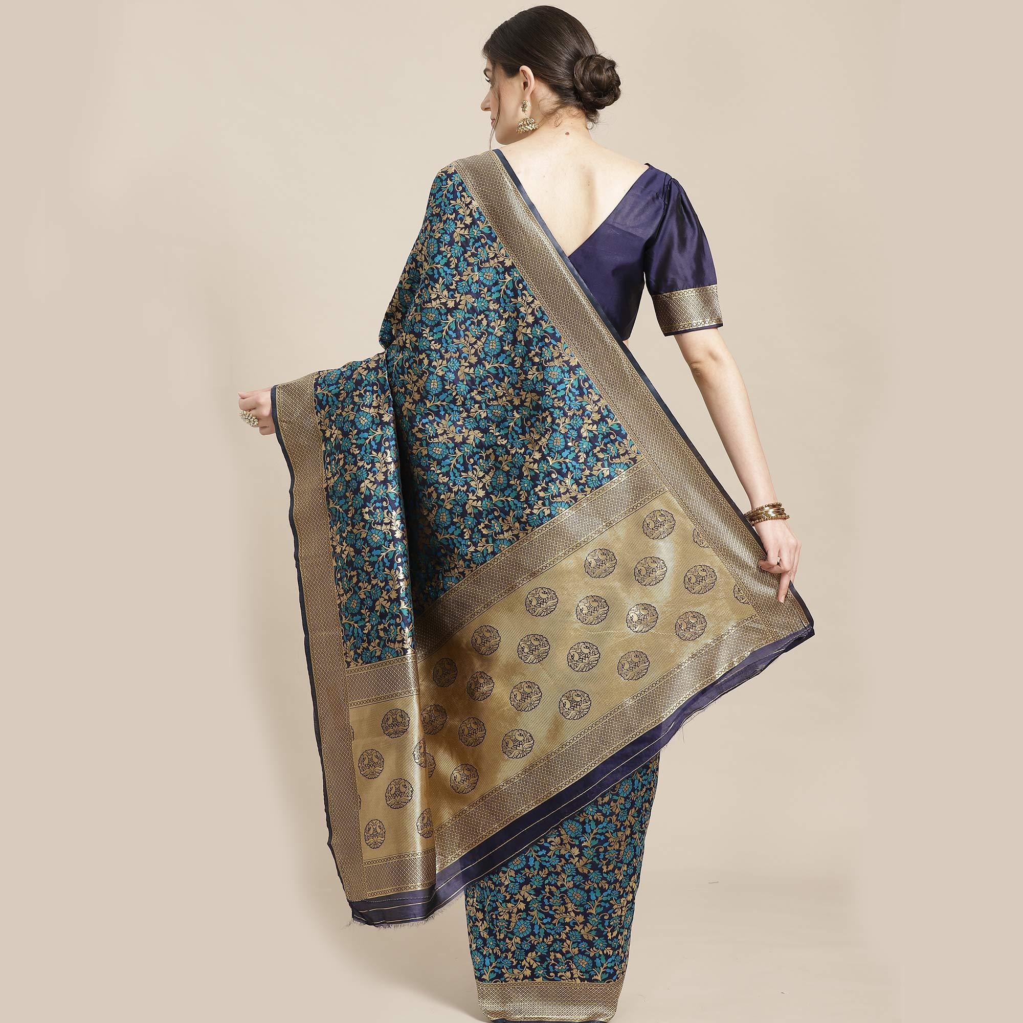 Eye-catching Blue Colored Festive Wear Woven Silk Blend Saree - Peachmode