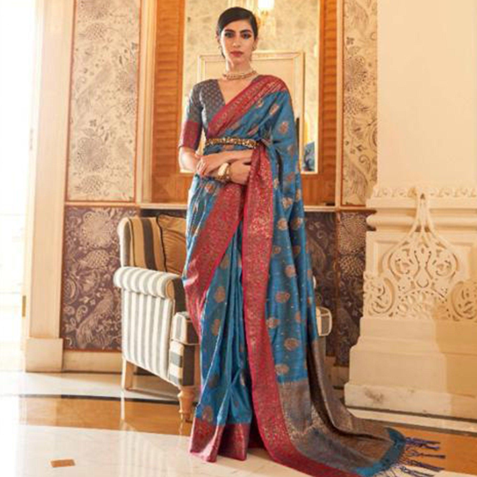 Eye-catching Blue Colored Festive Wear Woven Silk Saree - Peachmode