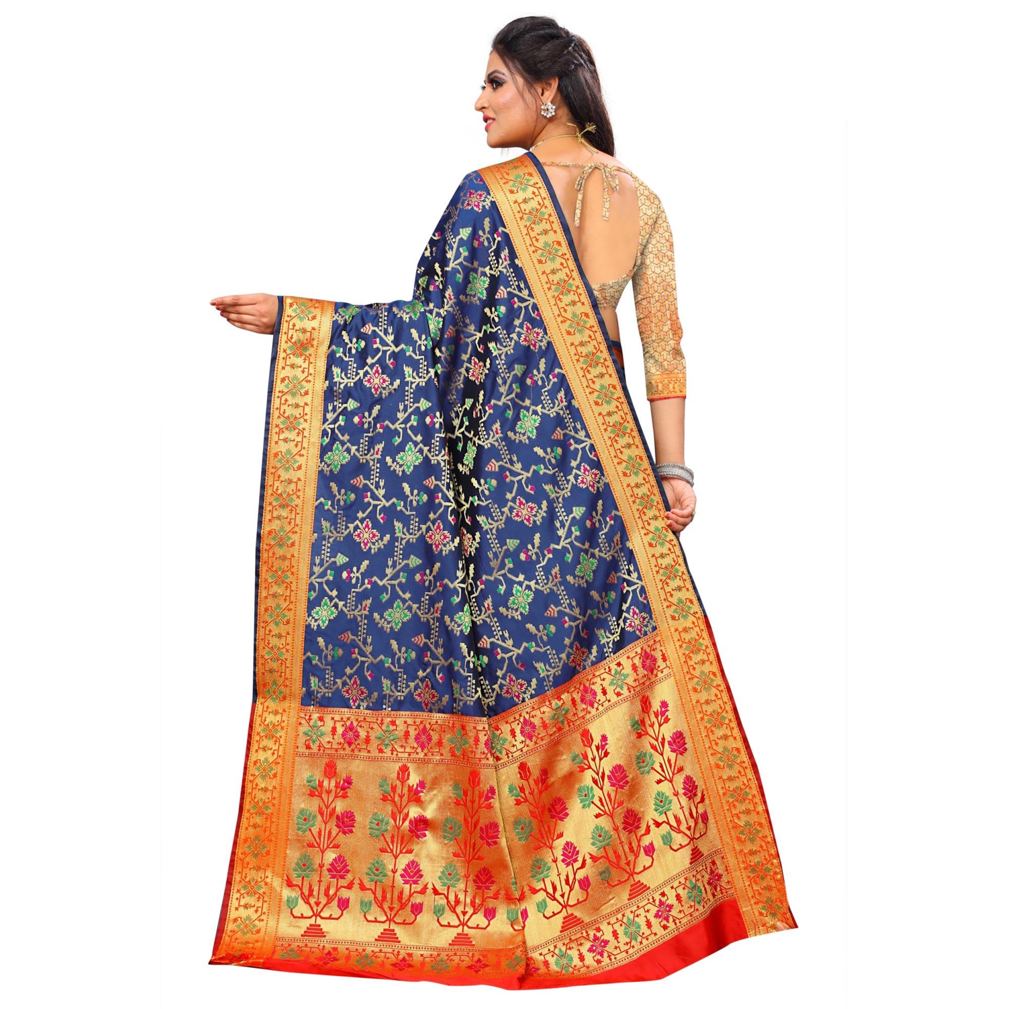 Eye-catching Blue Colored Festive Wear Woven Silk Saree - Peachmode