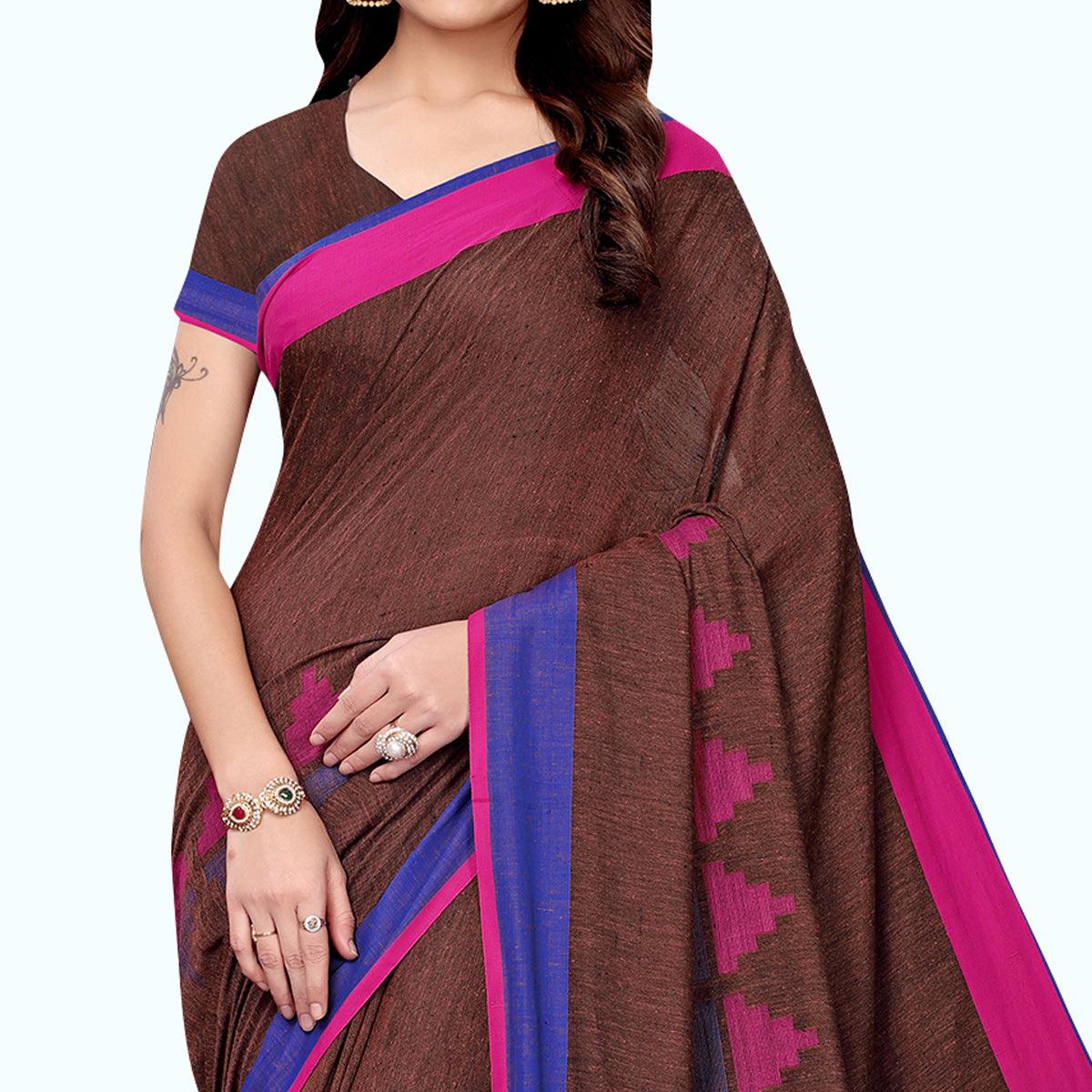 Eye-catching Brown Colored Casual Printed Wear Linen Saree - Peachmode