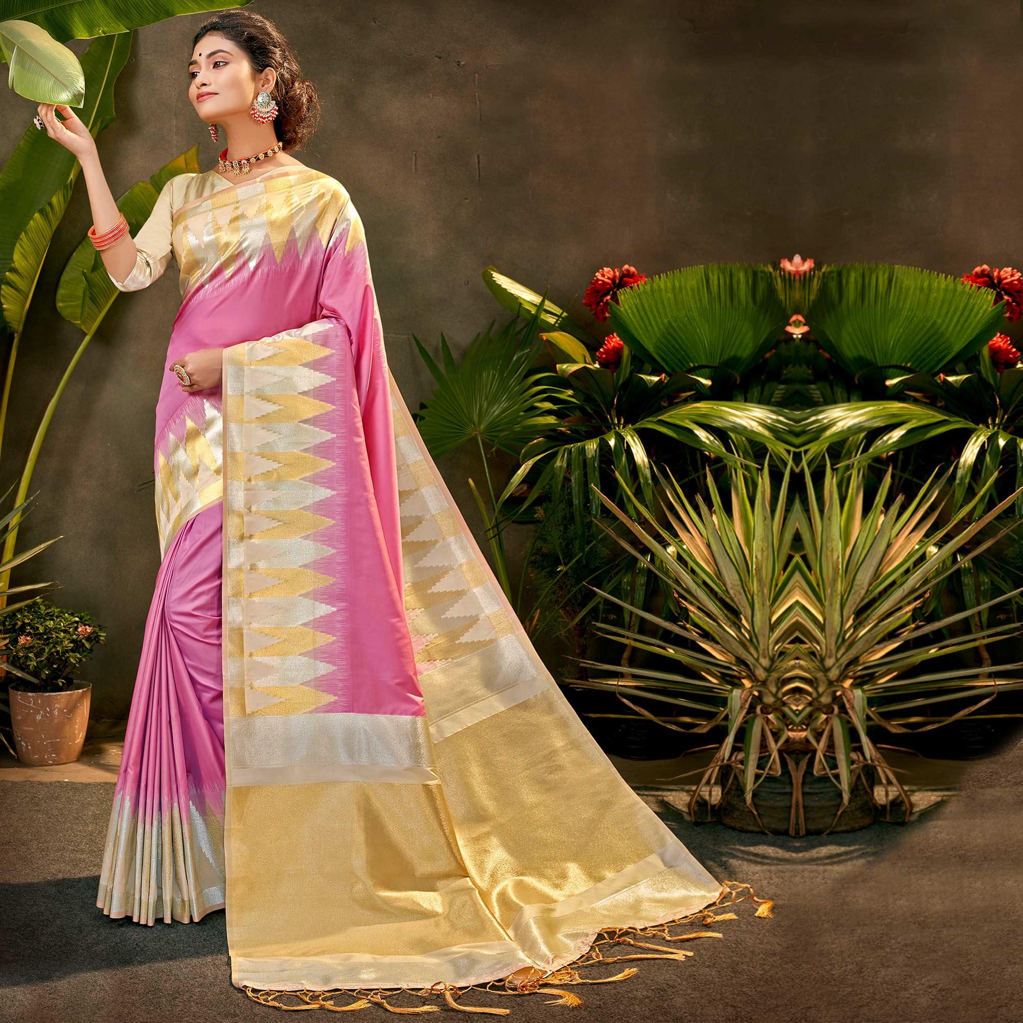 Eye-catching Cream Coloured Festive Wear Woven Silk Saree - Peachmode