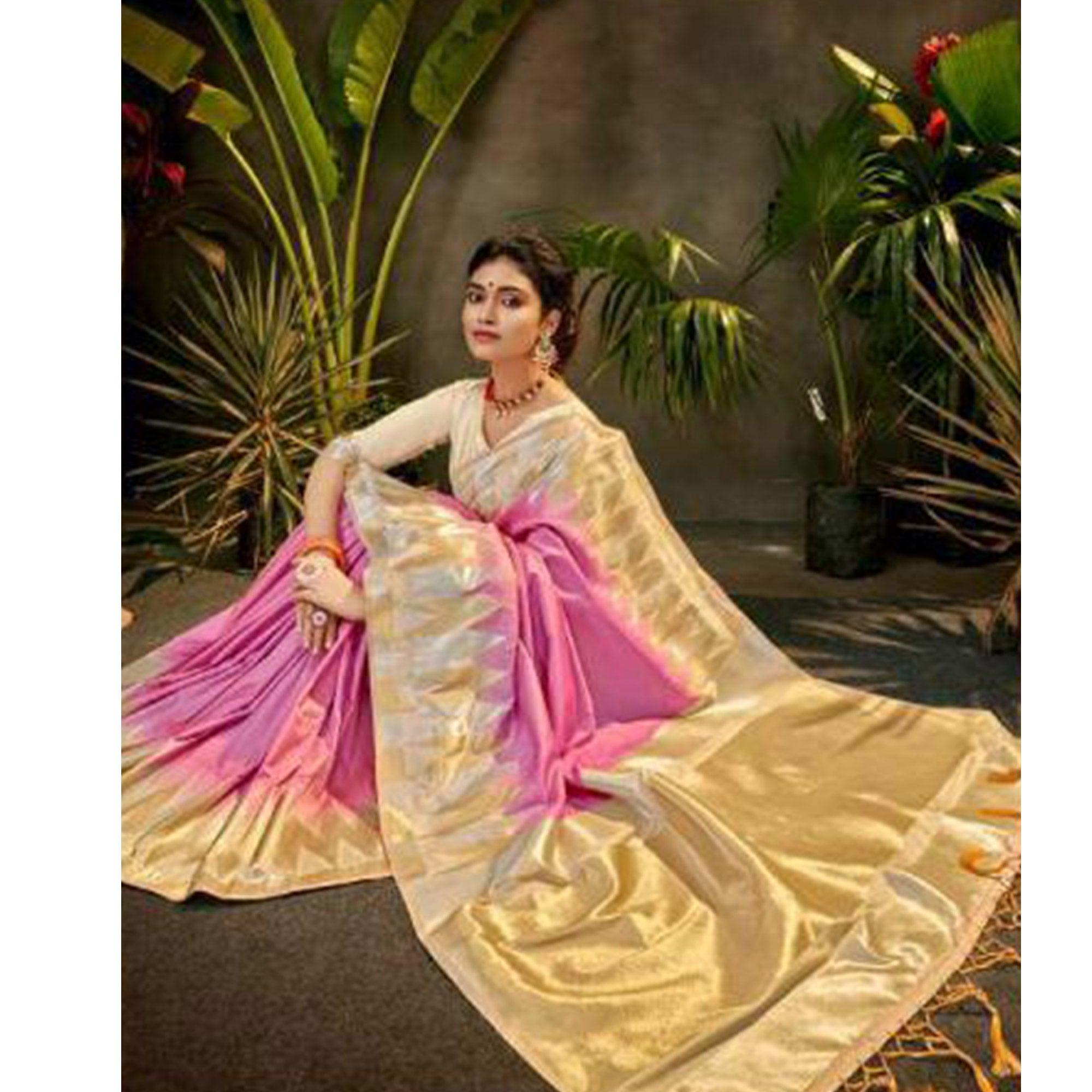 Eye-catching Cream Coloured Festive Wear Woven Silk Saree - Peachmode