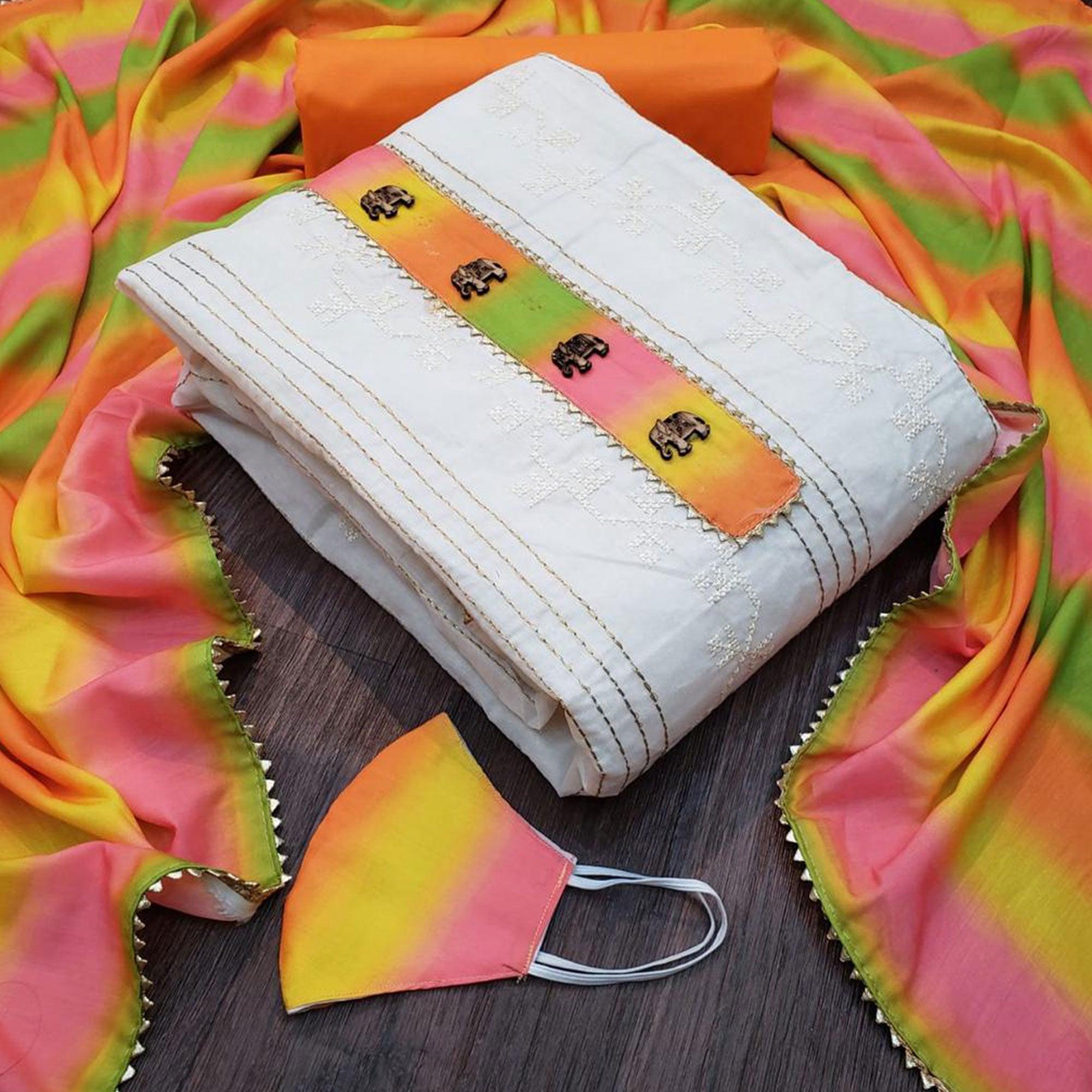 Eye-catching Cream - Orange Colored Casual Wear Embroidered Modal Chanderi Dress Material - Peachmode