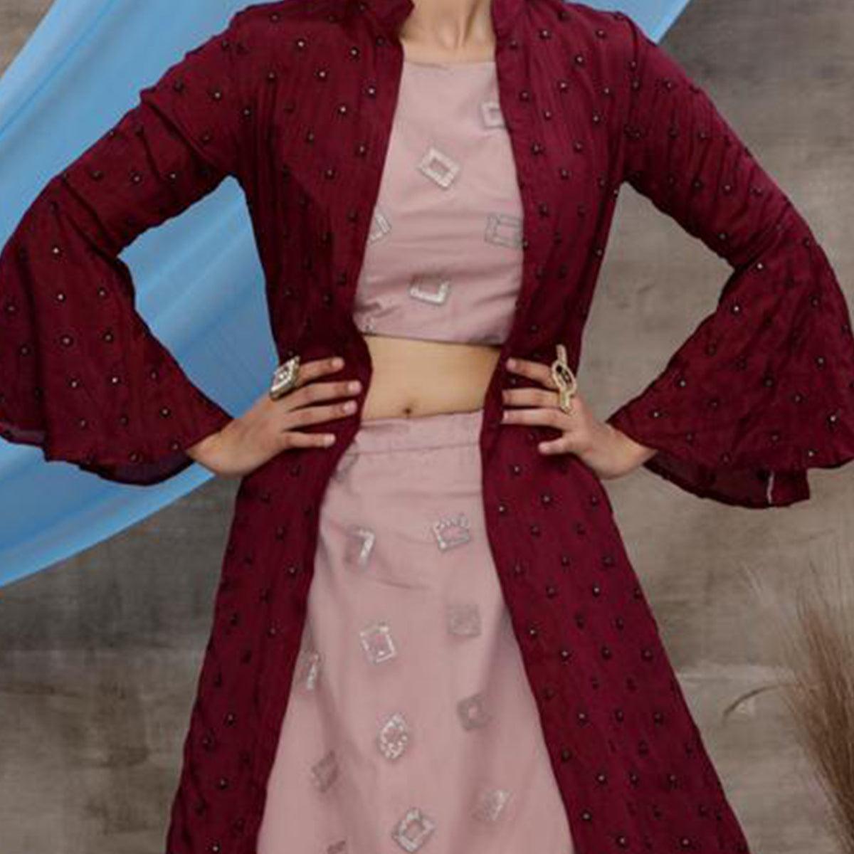 Eye-catching Dusty Pink-Purple Colored Party Wear Embroidered Net Lehenga Choli - Peachmode