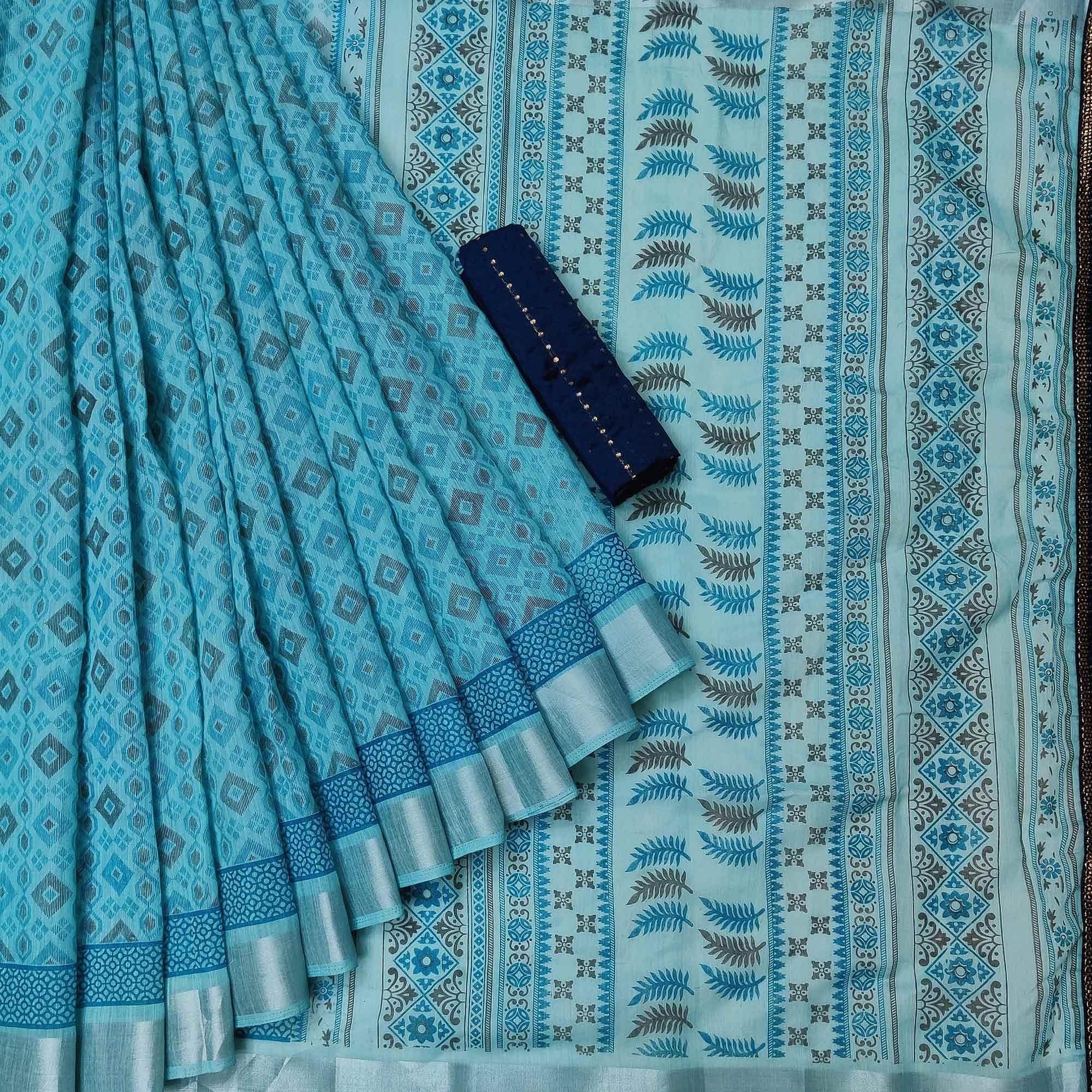 Eye-catching Ferozi Colored Casual Wear Printed Cotton Saree - Peachmode