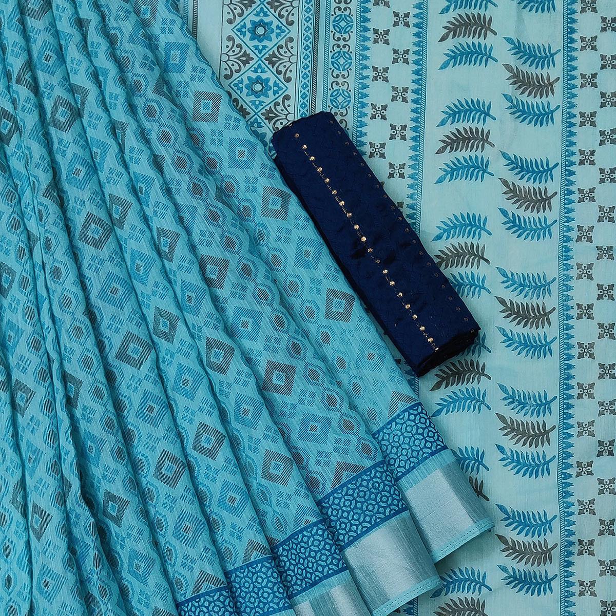 Eye-catching Ferozi Colored Casual Wear Printed Cotton Saree - Peachmode
