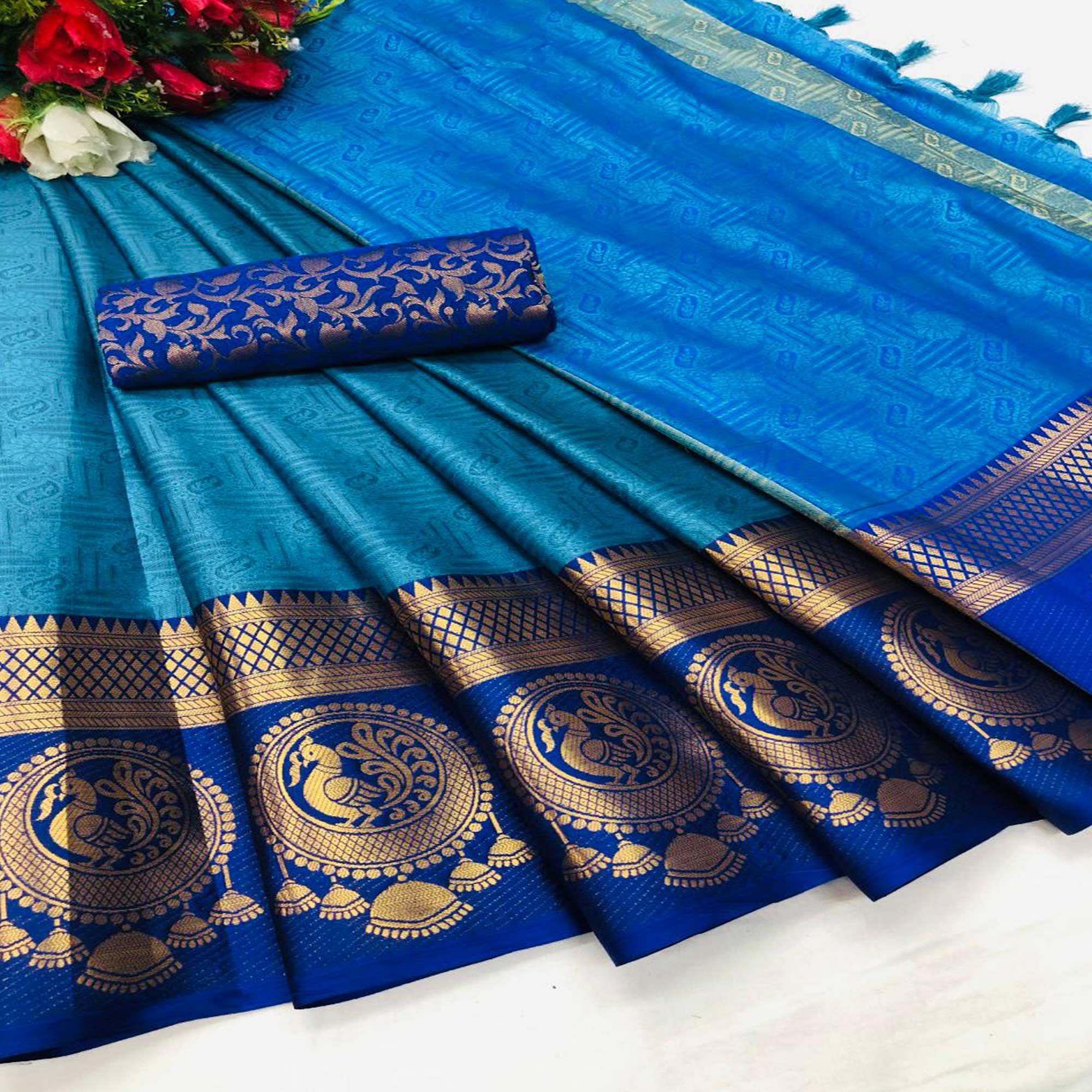 Eye-catching Firoji Coloured Casual Wear Printed Self Cotton Silk Saree - Peachmode