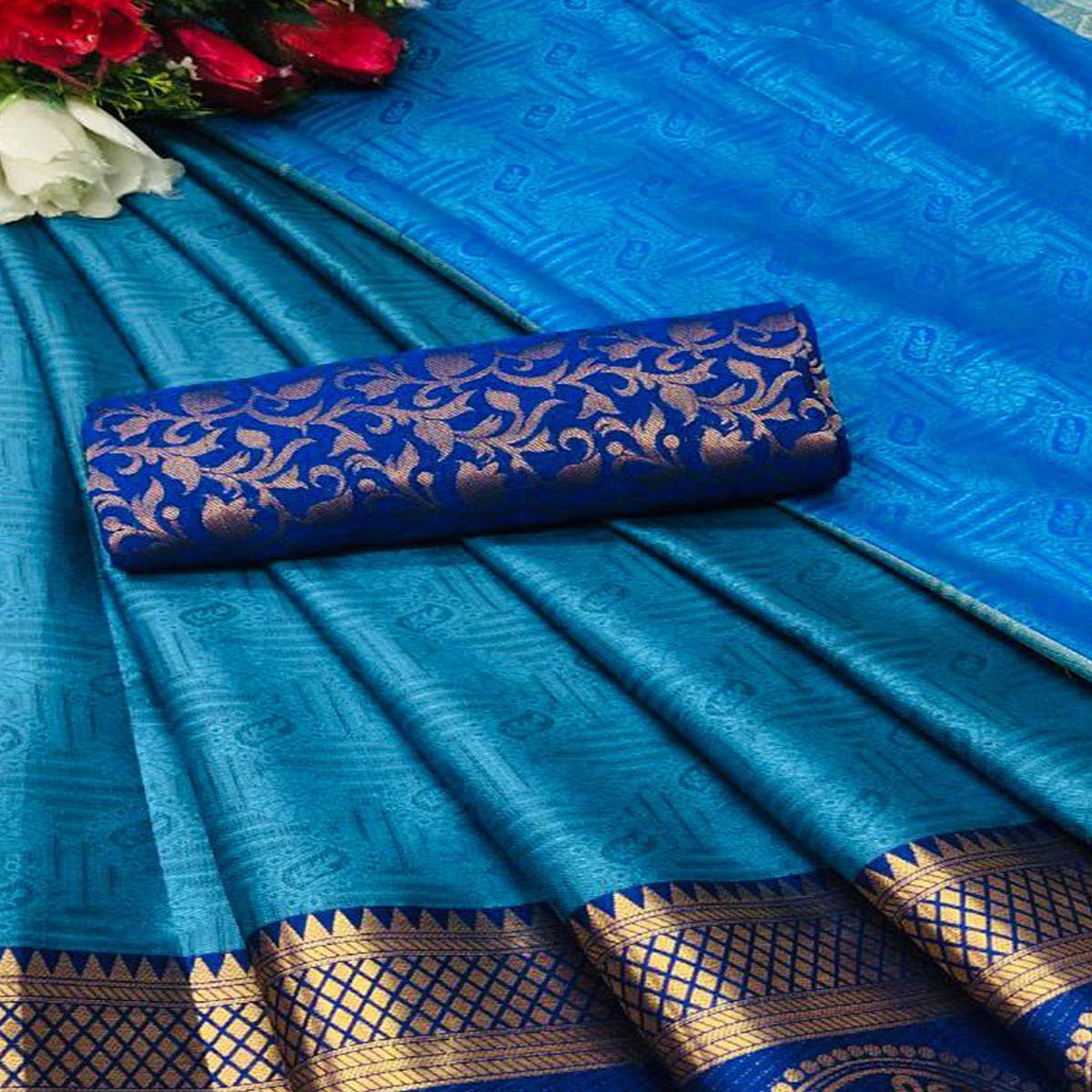Eye-catching Firoji Coloured Casual Wear Printed Self Cotton Silk Saree - Peachmode
