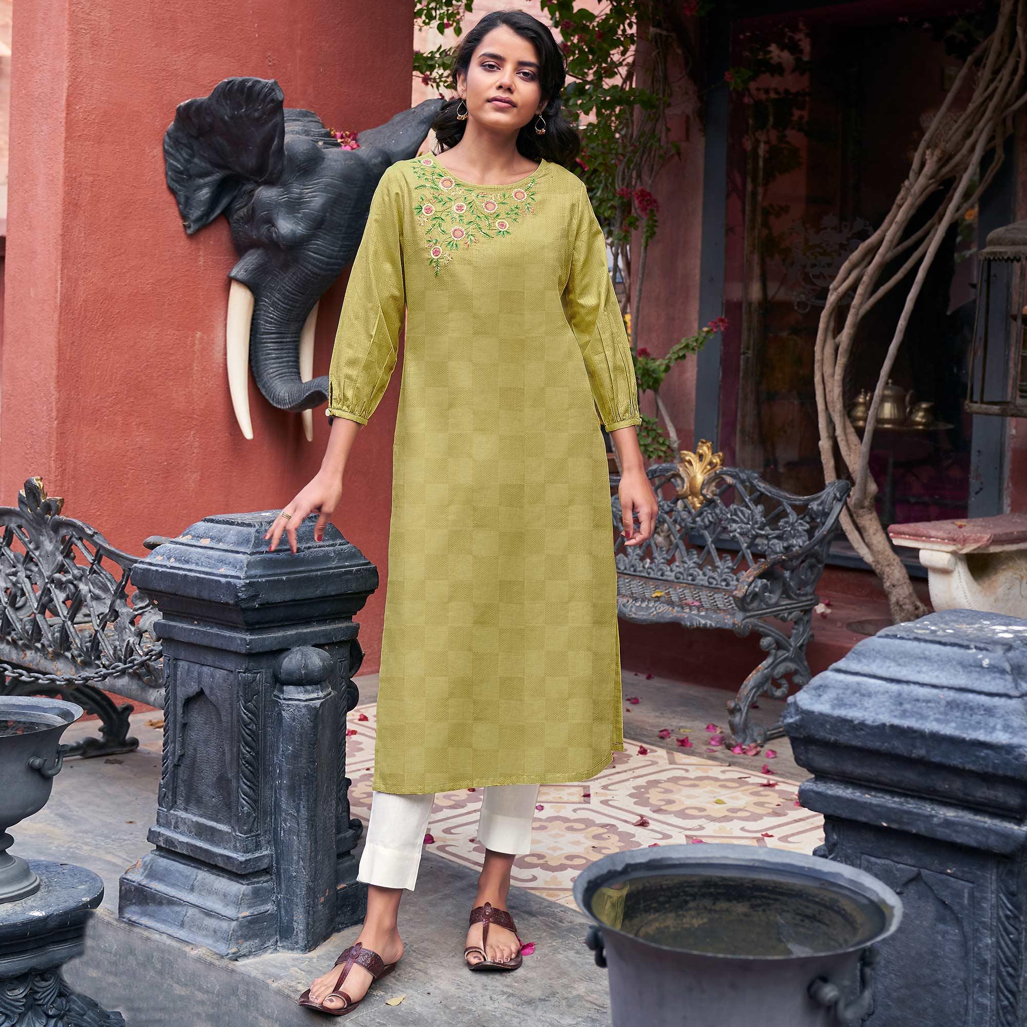 Eye-catching Green Colored Casual Wear Embroidered Pure Cotton Kurti - Peachmode