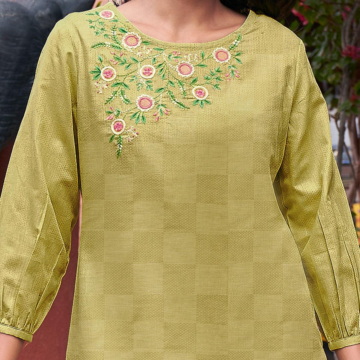 Eye-catching Green Colored Casual Wear Embroidered Pure Cotton Kurti - Peachmode