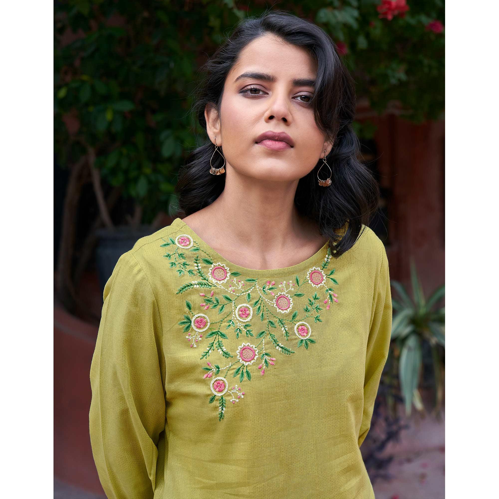Eye-catching Green Colored Casual Wear Embroidered Pure Cotton Kurti - Peachmode