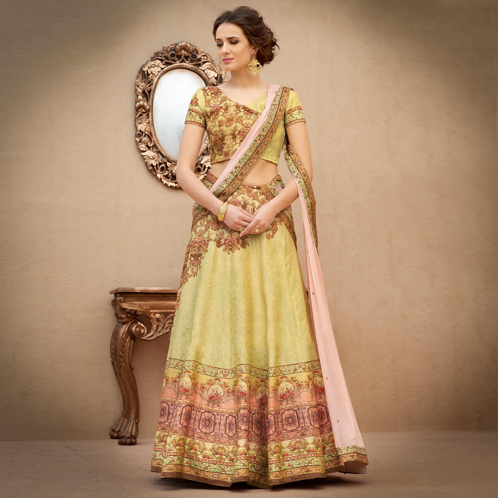 Eye-Catching Green Colored Designer Partywear Digital Printed Woven Banarasi Silk Lehenga Choli - Peachmode