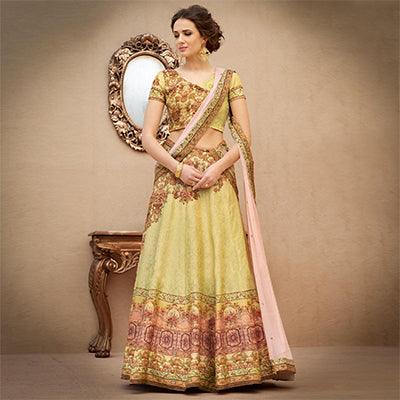 Rani Pink Partywear Woven With Embroidered Lace Brocade Silk Lehenga C