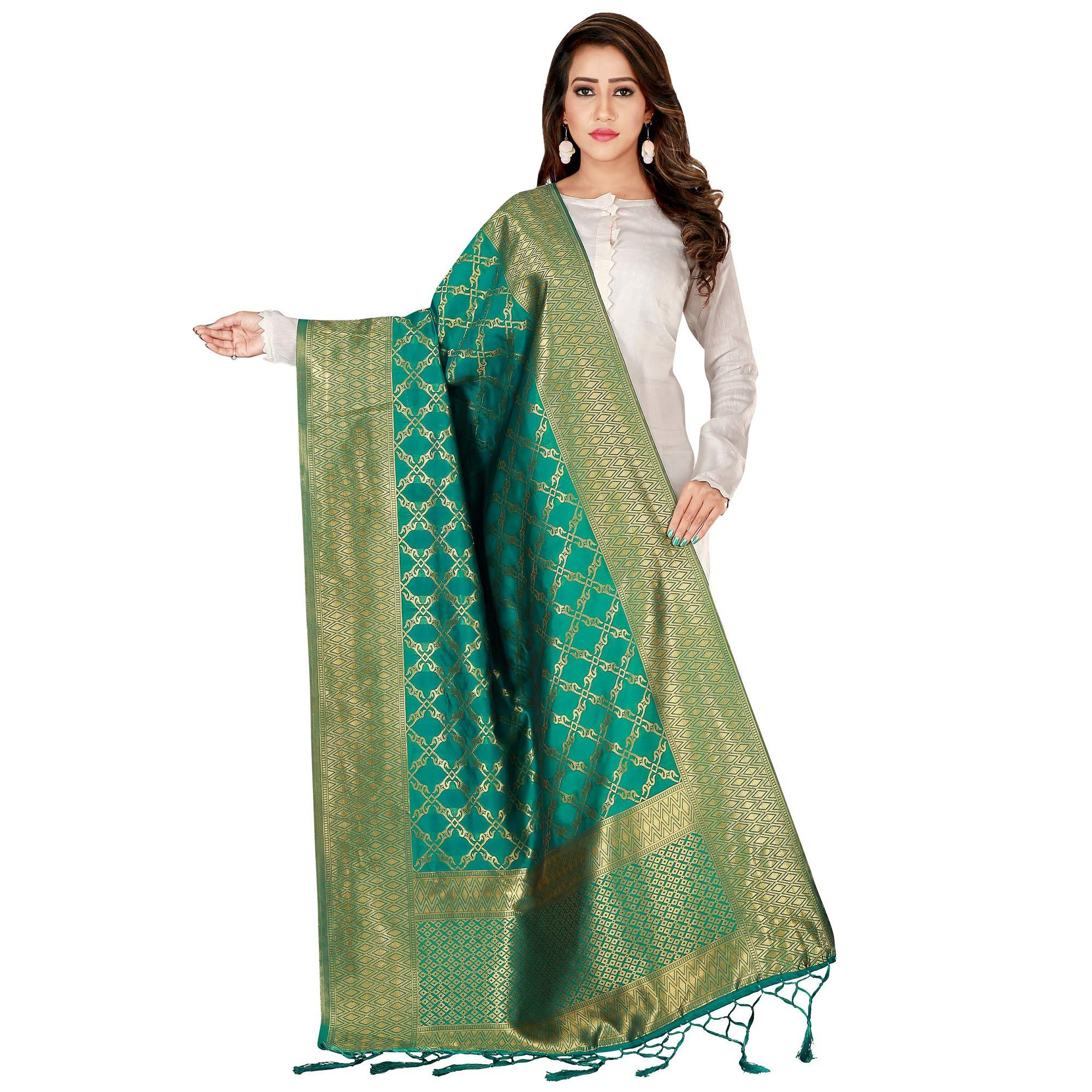 Eye-catching Green Colored Festive Wear Banarasi Silk Dupatta - Peachmode