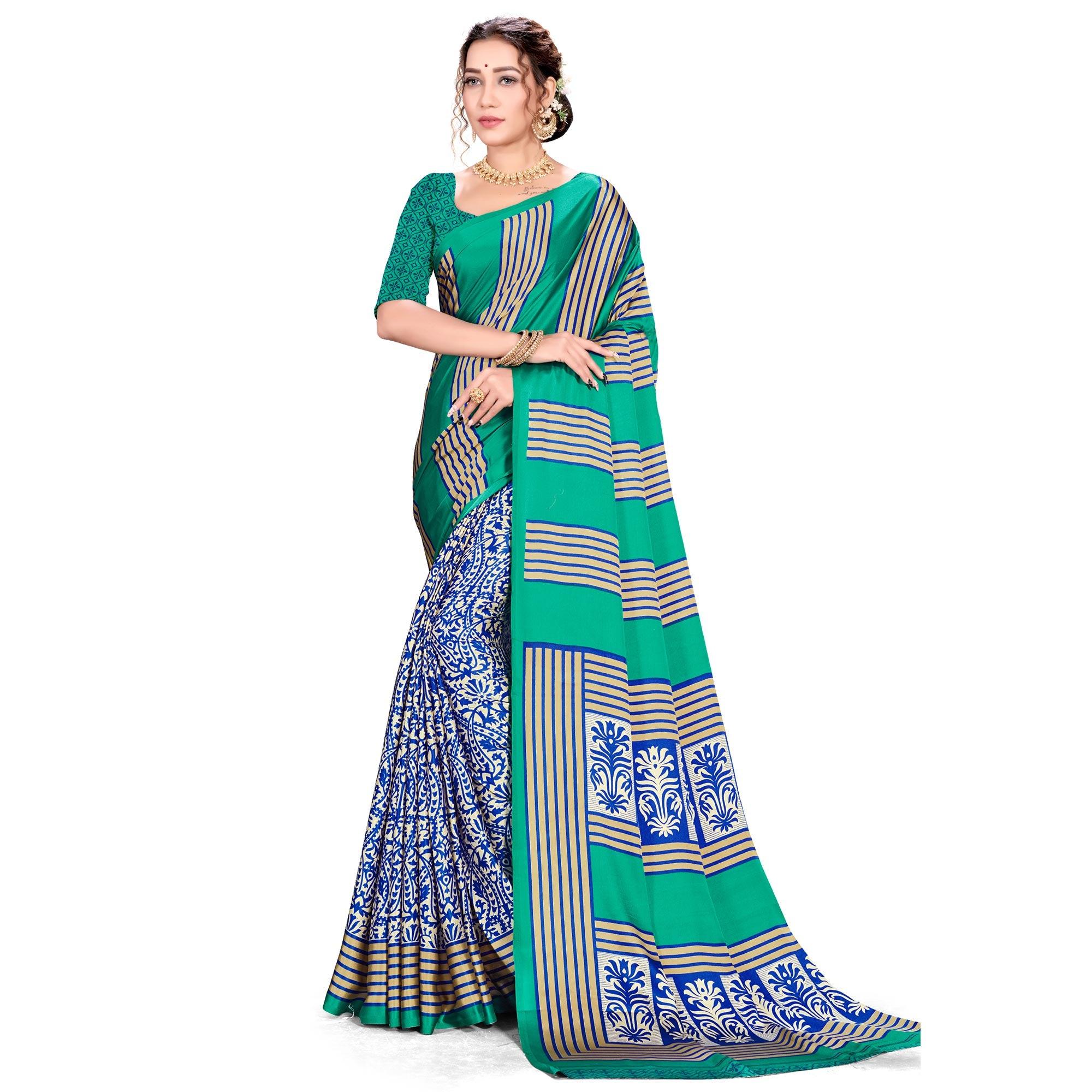 Eye-catching Green Colored Festive Wear Printed Satin Crepe Saree - Peachmode