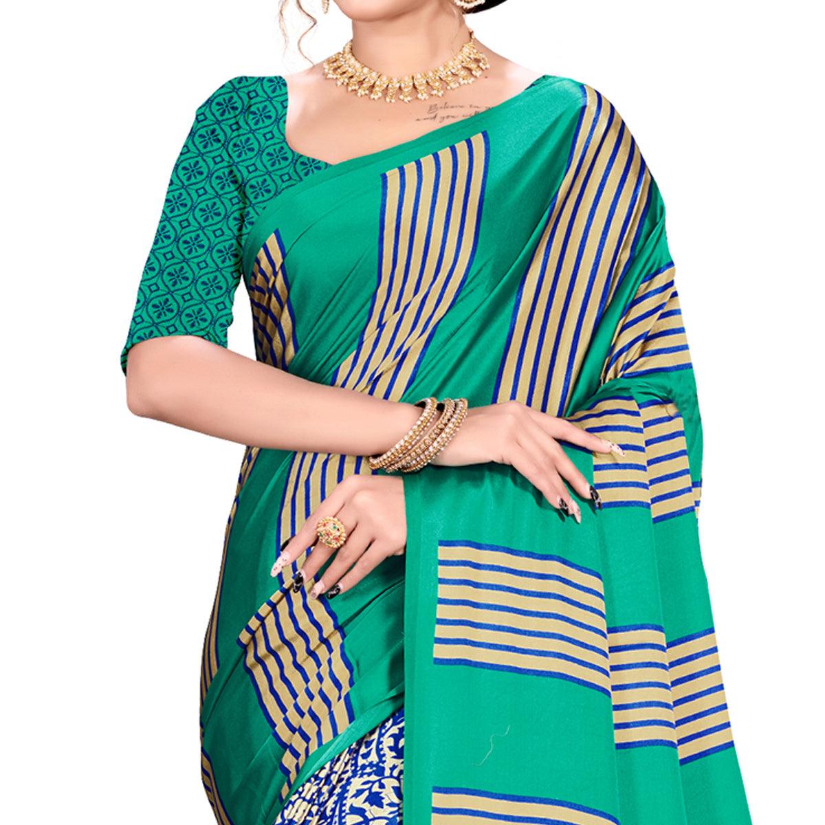 Eye-catching Green Colored Festive Wear Printed Satin Crepe Saree - Peachmode